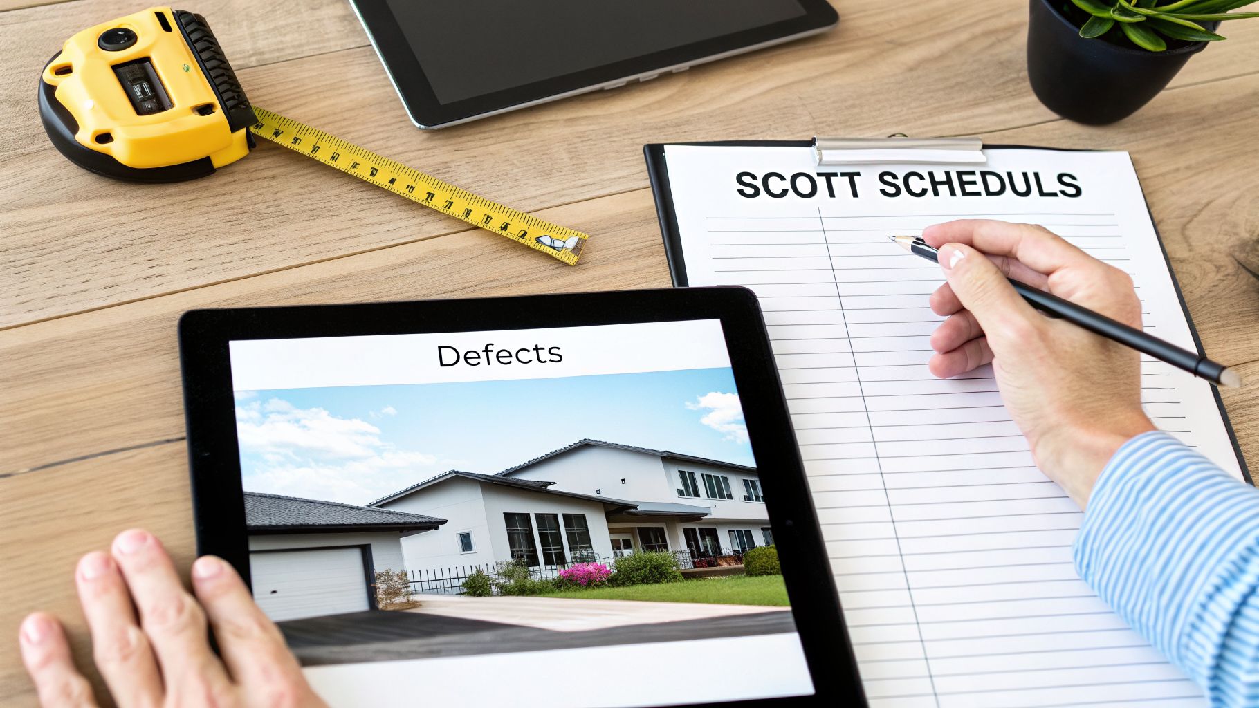Person reviewing house defects on a tablet and writing on a Scott Schedules clipboard, with a tape measure nearby.