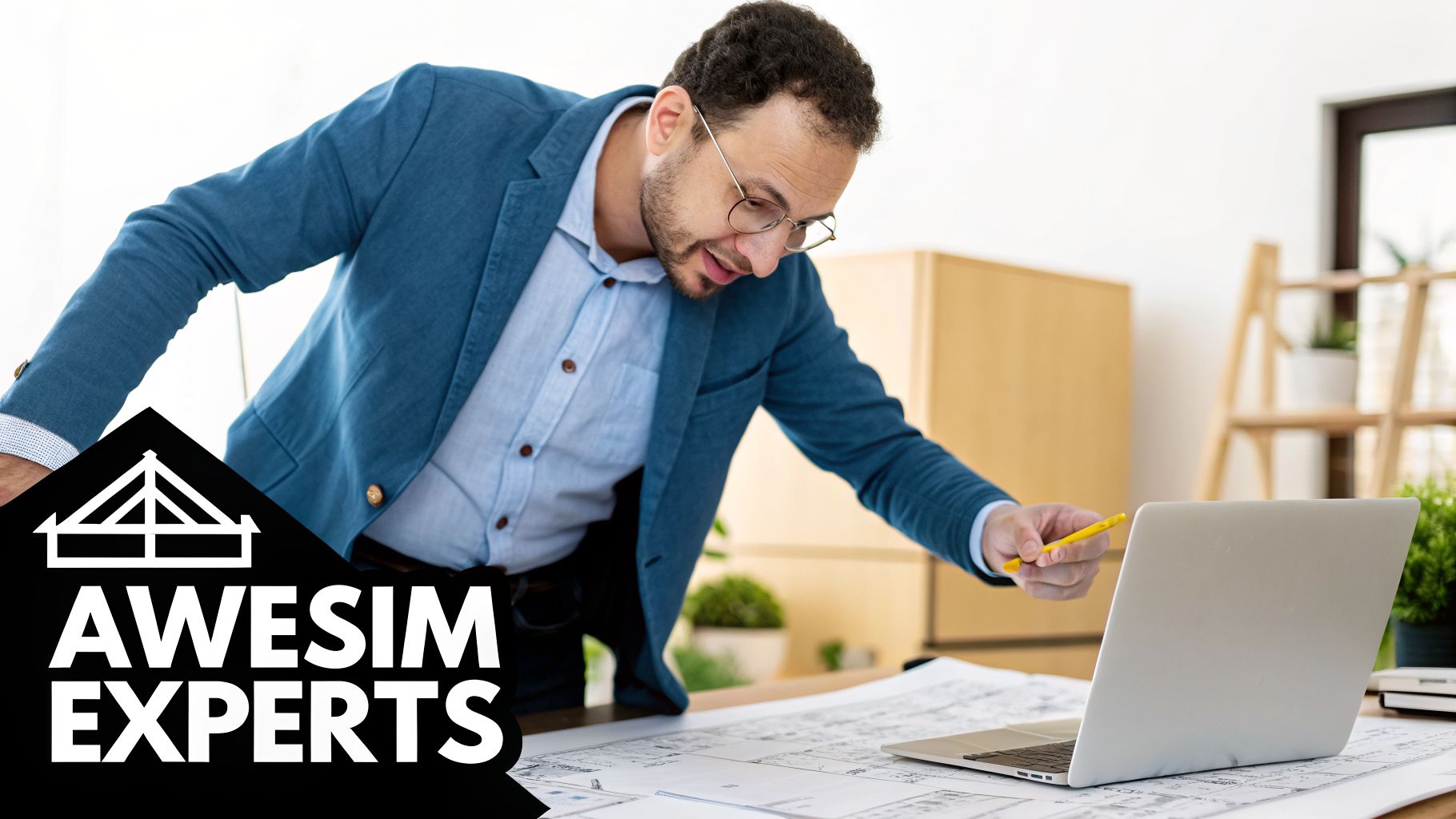 A focused man in glasses and a blue blazer points at a laptop screen while reviewing blueprints.