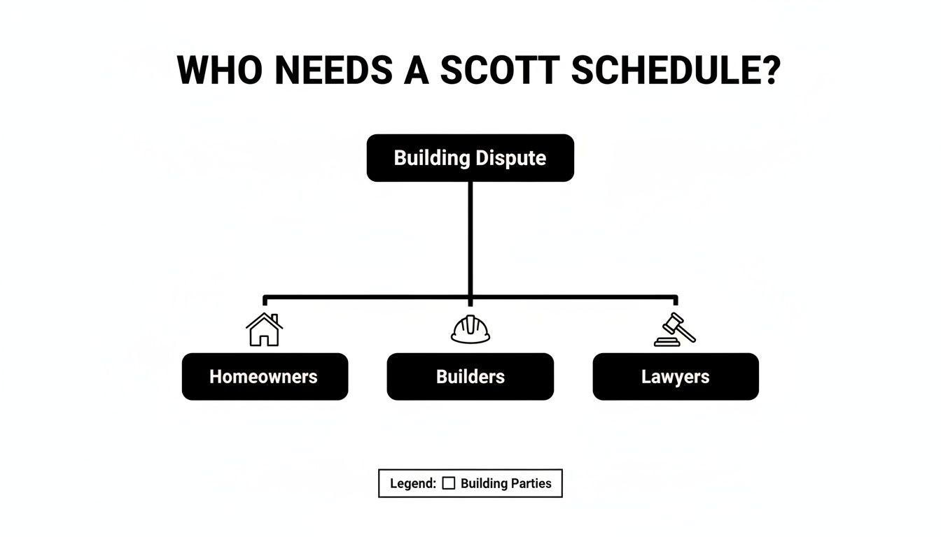 Flowchart showing a 'Building Dispute' leading to 'Homeowners,' 'Builders,' and 'Lawyers,' indicating parties who might need a Scott Schedule.