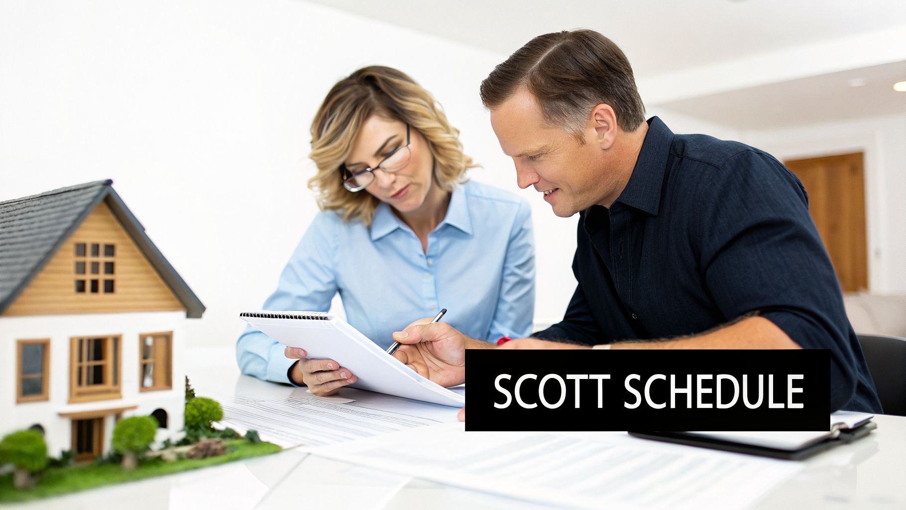 A man and woman consult real estate plans with a house model on a white table.