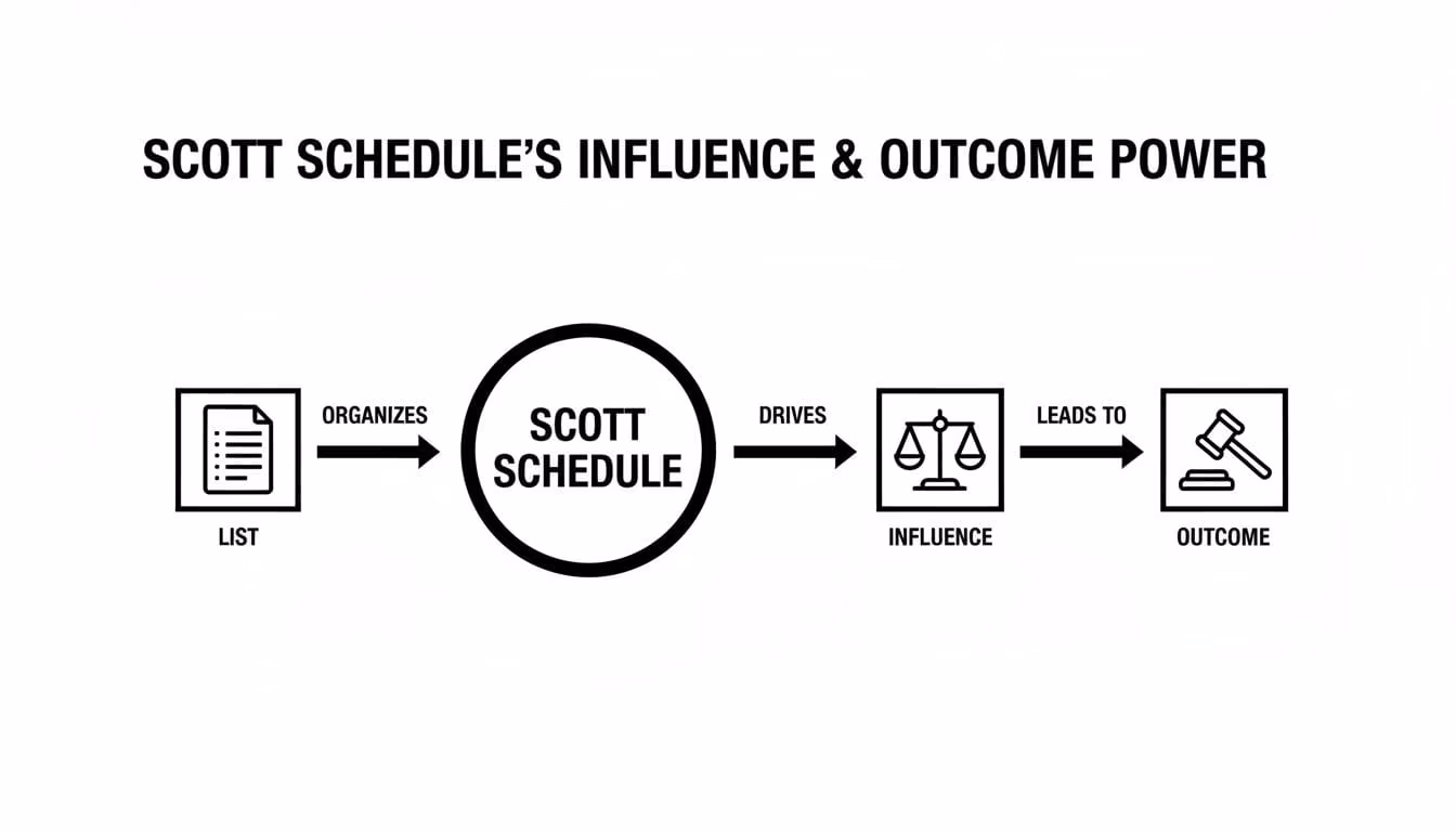 Flowchart showing how a Scott Schedule organizes a list, drives influence, and leads to an outcome.