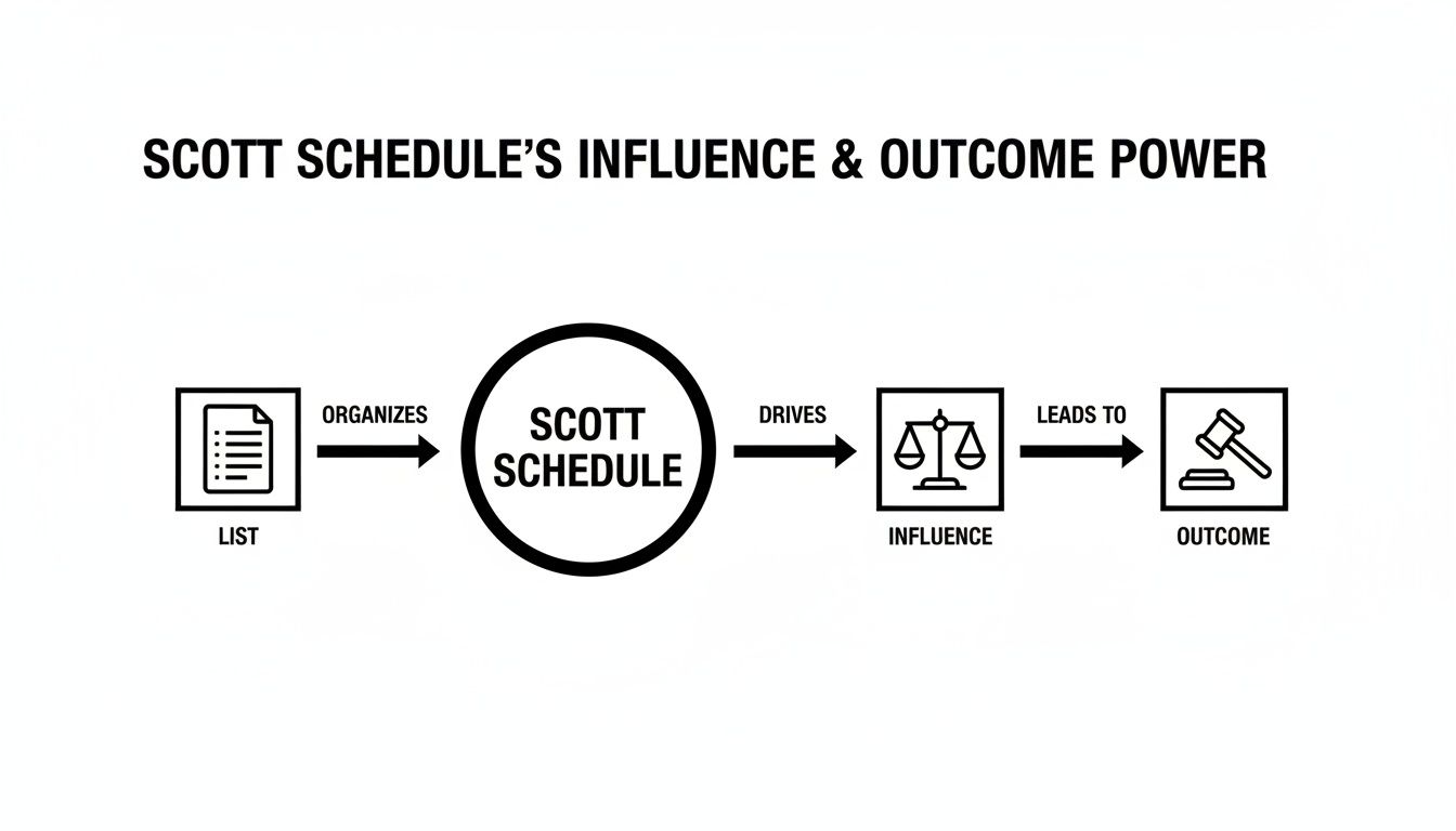 Flowchart showing how a Scott Schedule organizes a list, drives influence, and leads to an outcome.