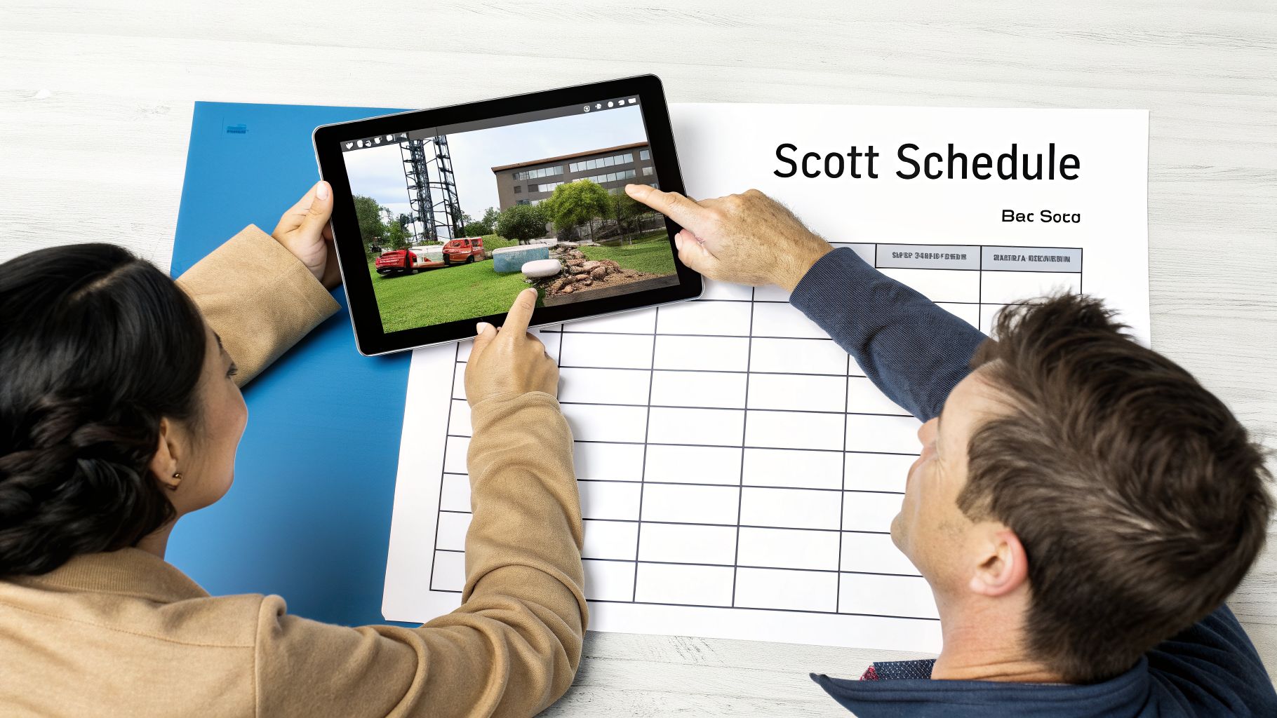 Two people reviewing a building image on a tablet and a 'Scott Schedule' paper together.