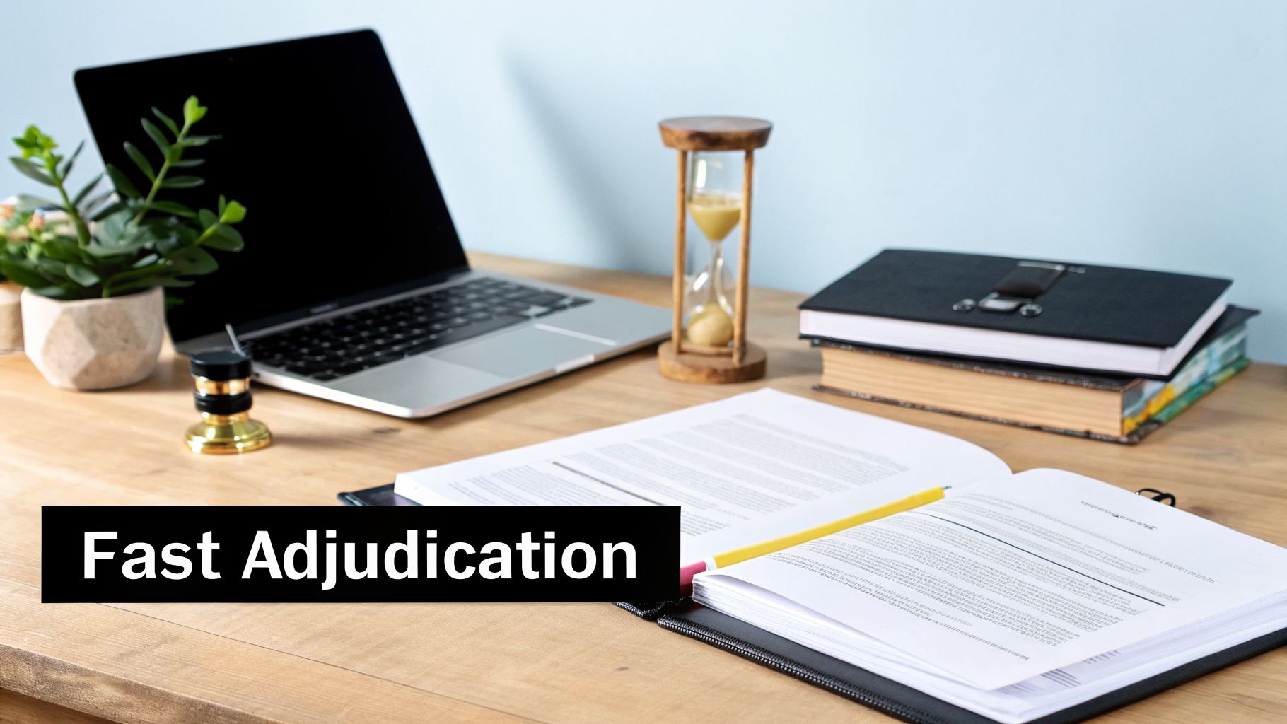 A desk with a laptop, hourglass, books, and open legal documents, highlighting fast adjudication.