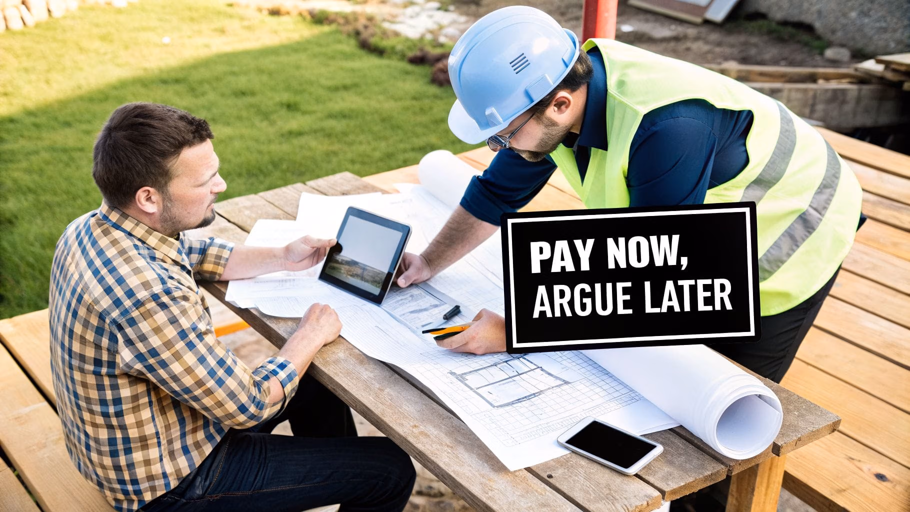Two construction professionals discuss plans and a tablet on a wooden table, with a 'Pay Now, Argue Later' sign.