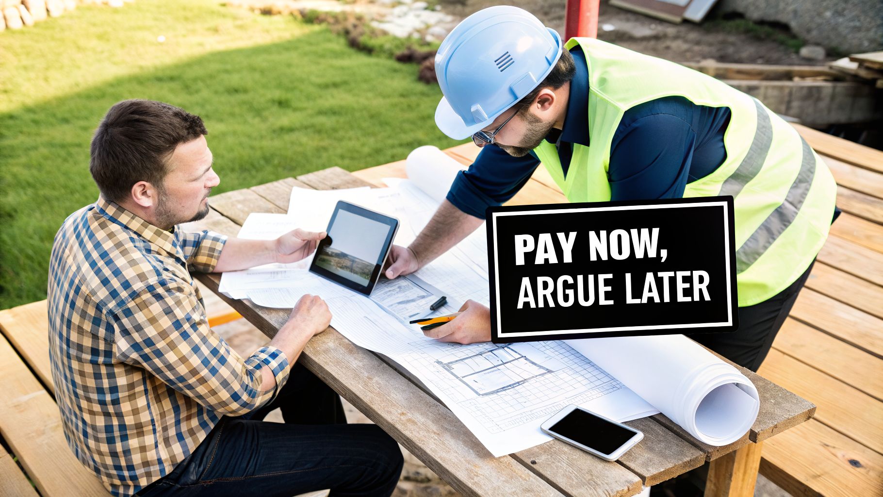 Two construction professionals discuss plans and a tablet on a wooden table, with a 'Pay Now, Argue Later' sign.