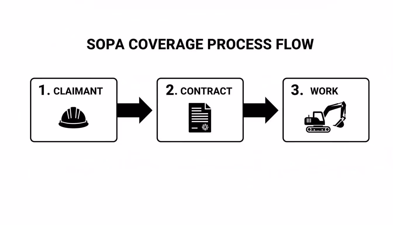 SOPA coverage process flow diagram showing steps: Claimant, Contract, and Work, with relevant icons.