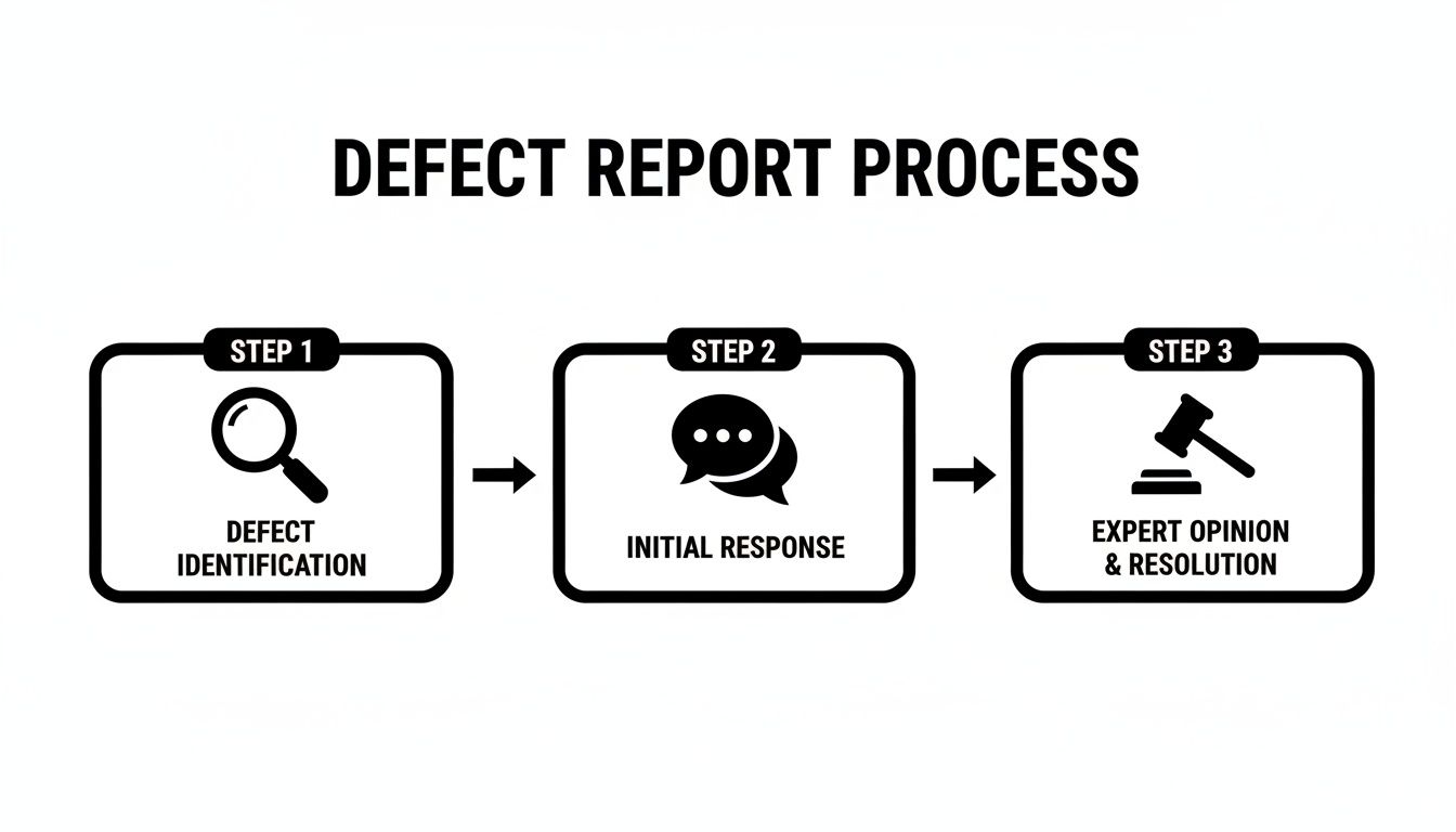 Diagram illustrating the three-step defect report process: identification, initial response, and expert resolution.