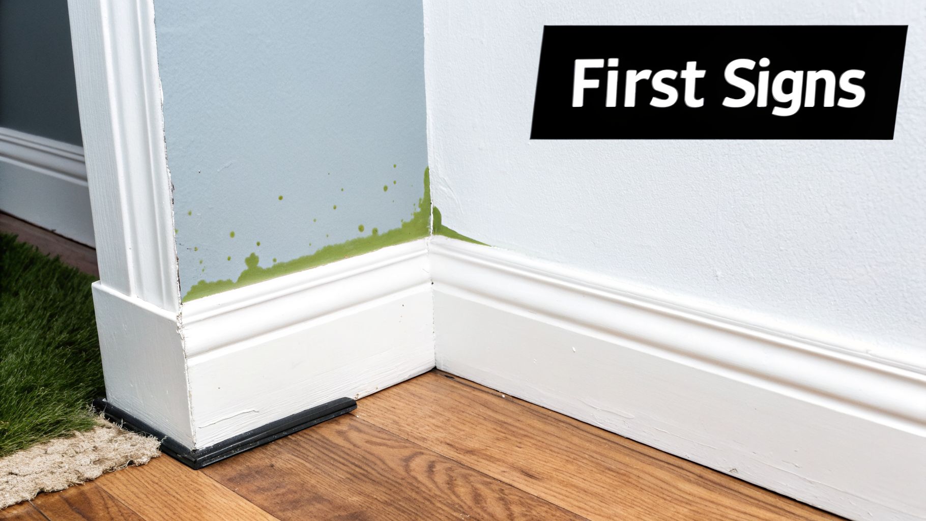 First signs of green mold and water damage spreading on a pale blue wall corner with white baseboards.