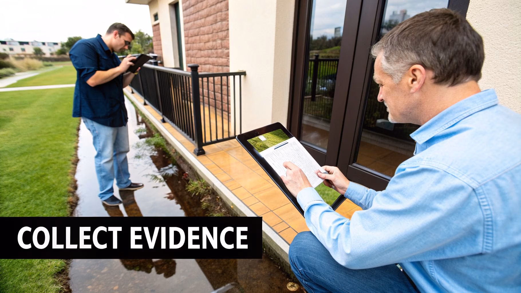 Two men inspecting a building's exterior with tablets, examining water near the foundation.