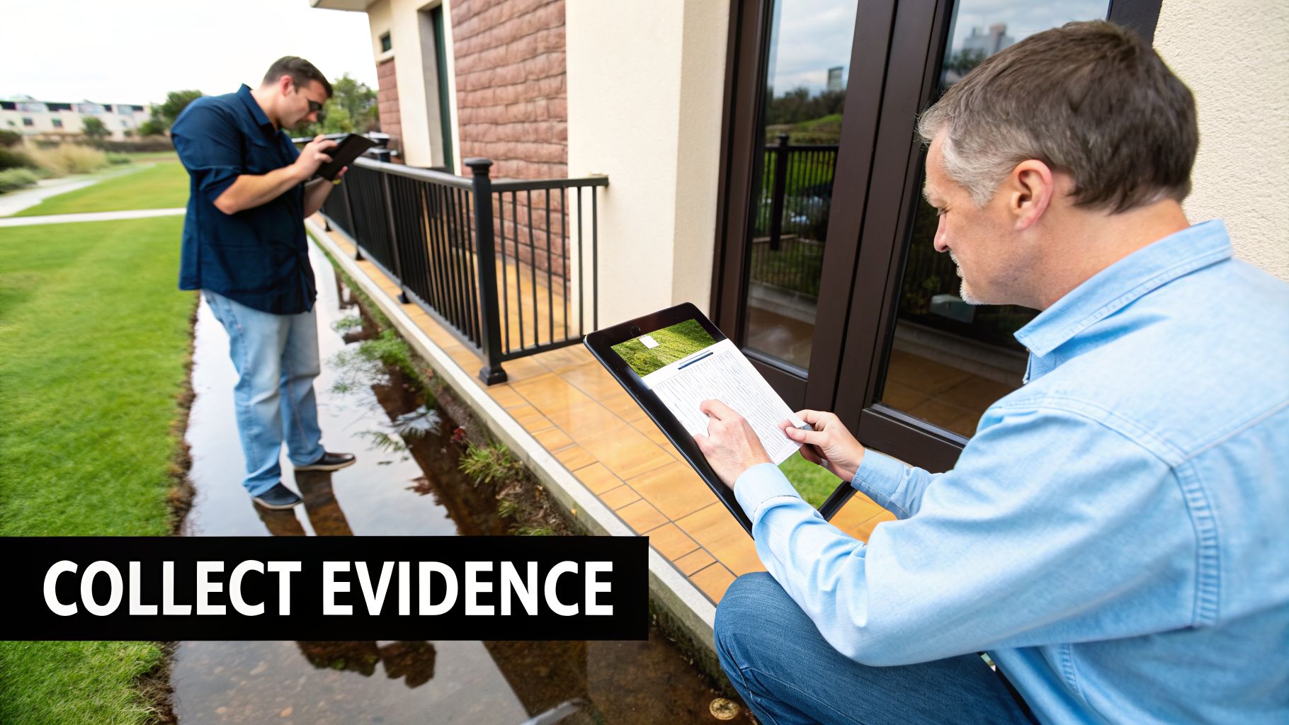 Two men inspecting a building's exterior with tablets, examining water near the foundation.