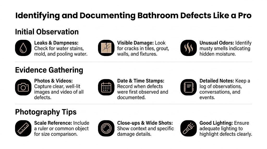 A professional infographic titled Identifying and Documenting Bathroom Defects showing tips for inspection and evidence gathering.