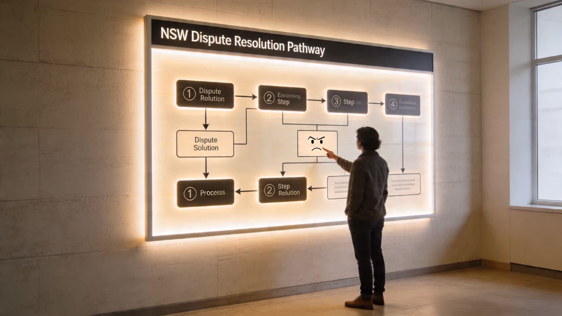 A person pointing at an angry face icon on a large wall-mounted dispute resolution diagram.