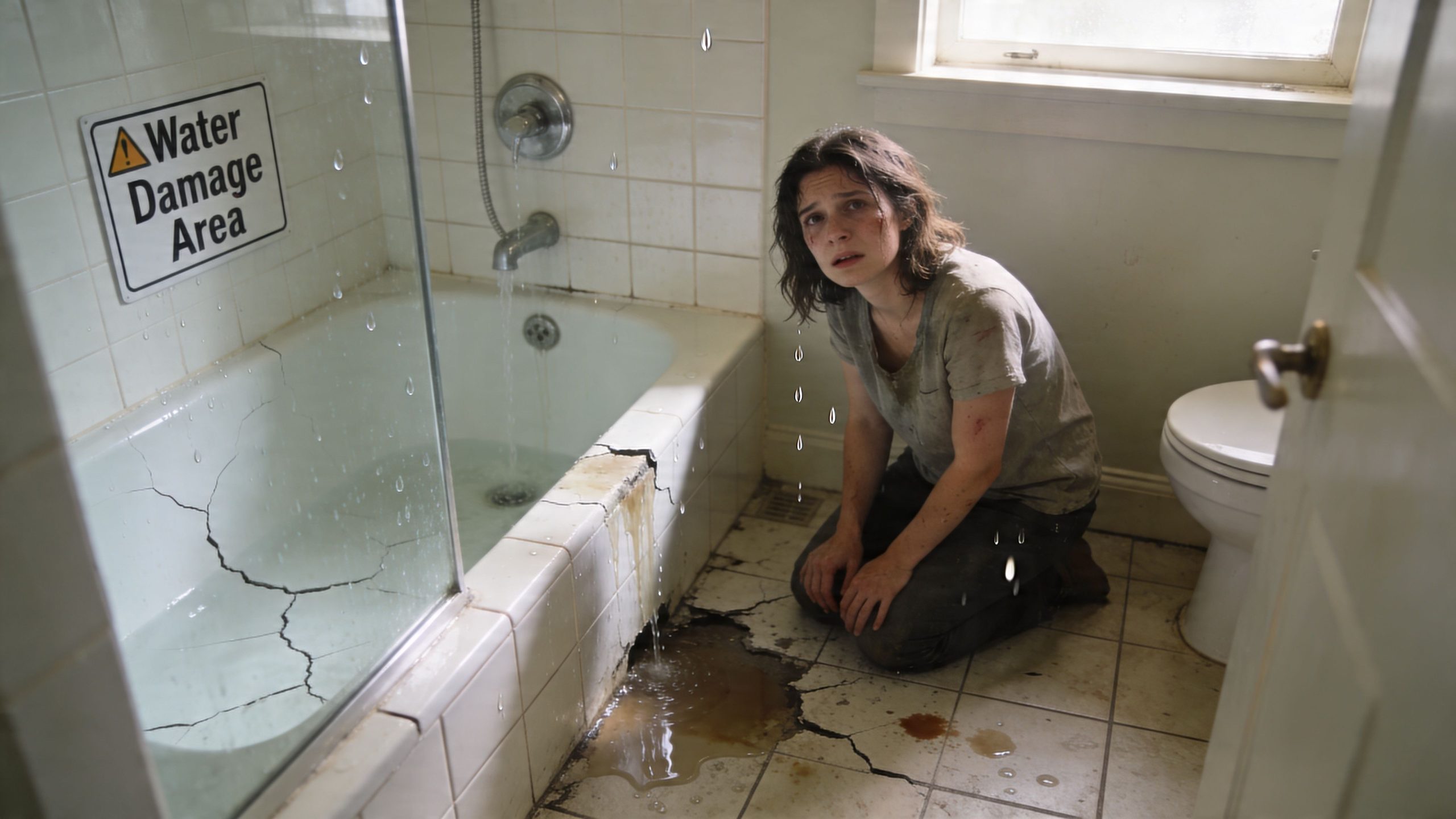 A distressed woman kneels on a cracked bathroom floor near a bathtub leaking dark, murky water.