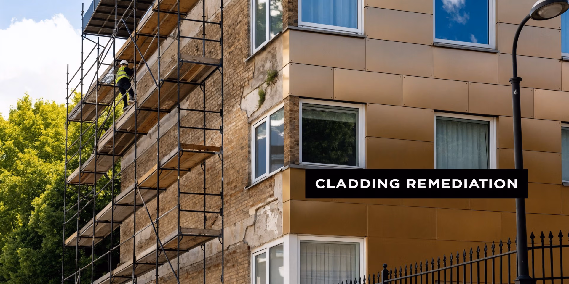 A construction worker on scaffolding repairing the exterior of a brick building with modern metallic cladding.