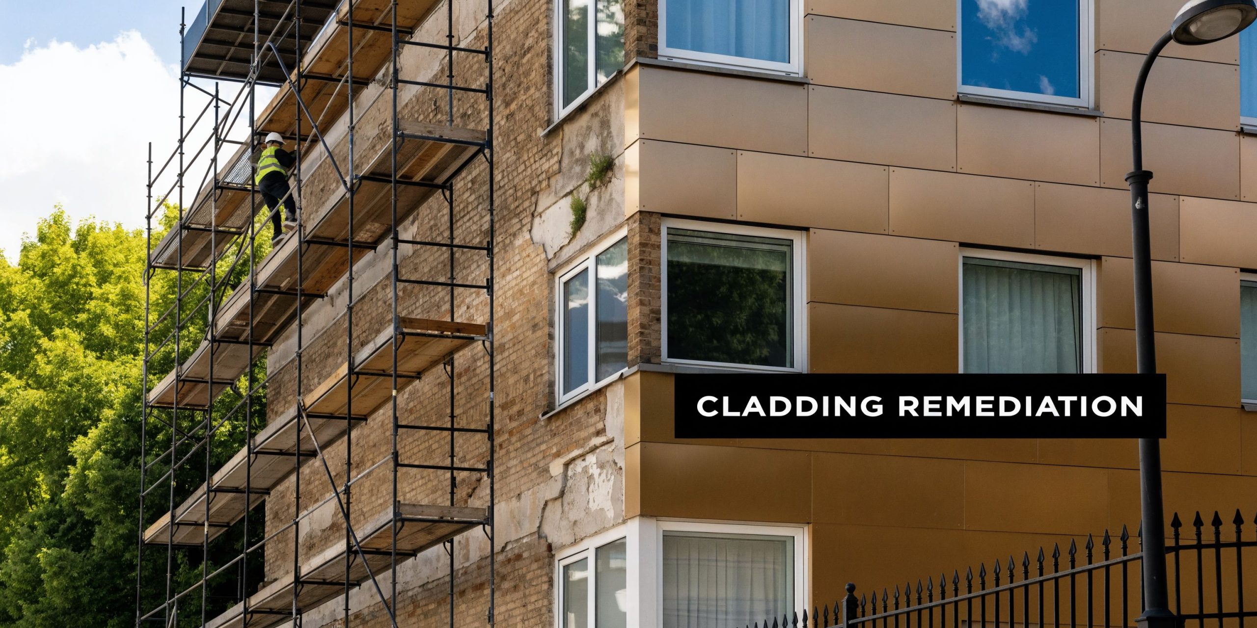 A construction worker on scaffolding repairing the exterior of a brick building with modern metallic cladding.