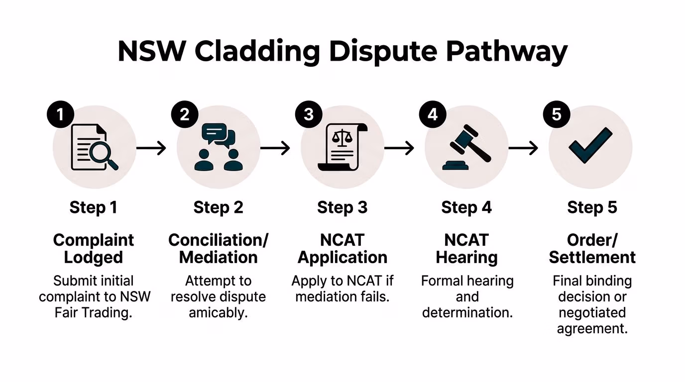 A flowchart showing the five steps of the NSW cladding dispute resolution process from lodgement to settlement.