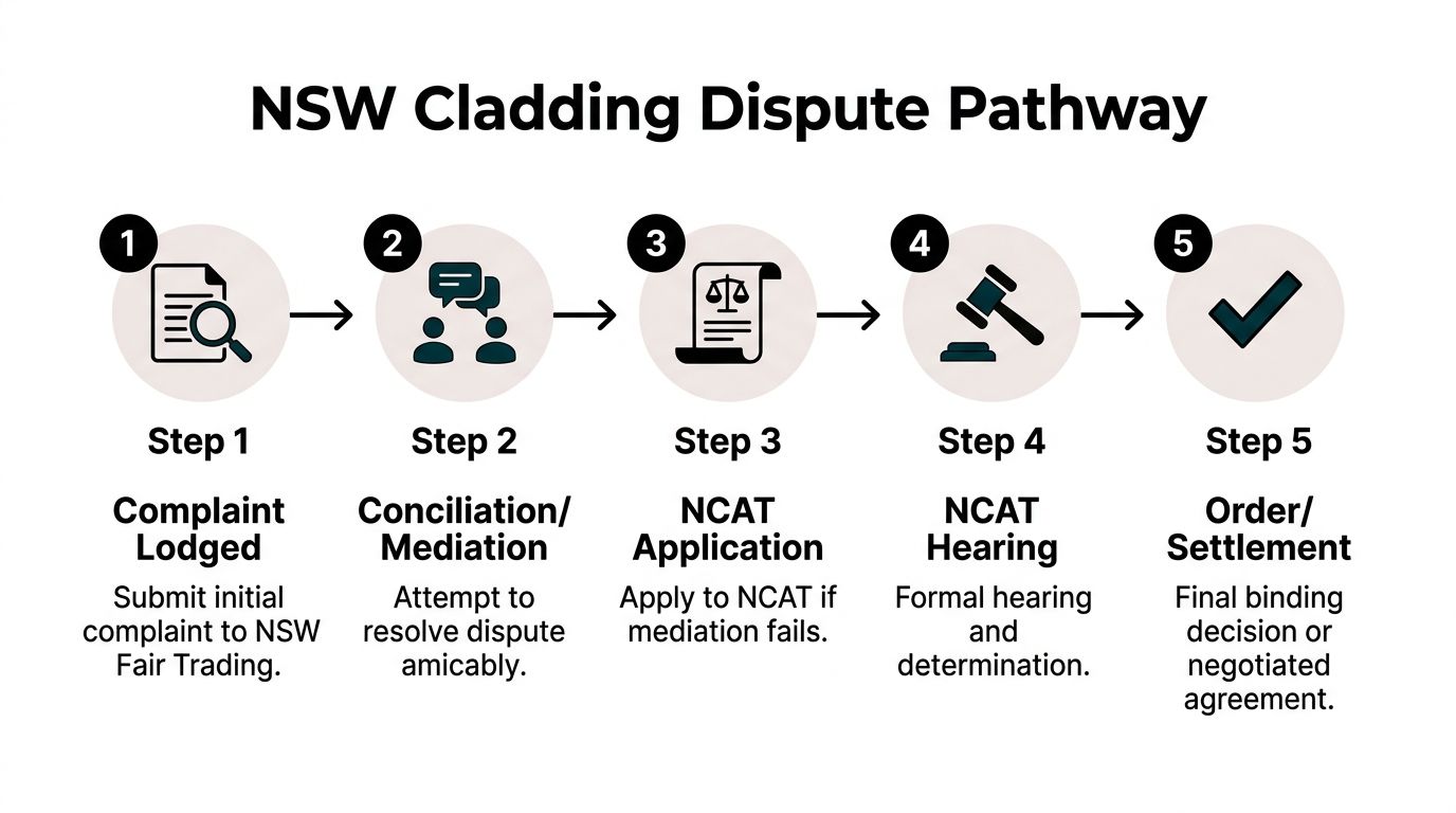 A flowchart showing the five steps of the NSW cladding dispute resolution process from lodgement to settlement.