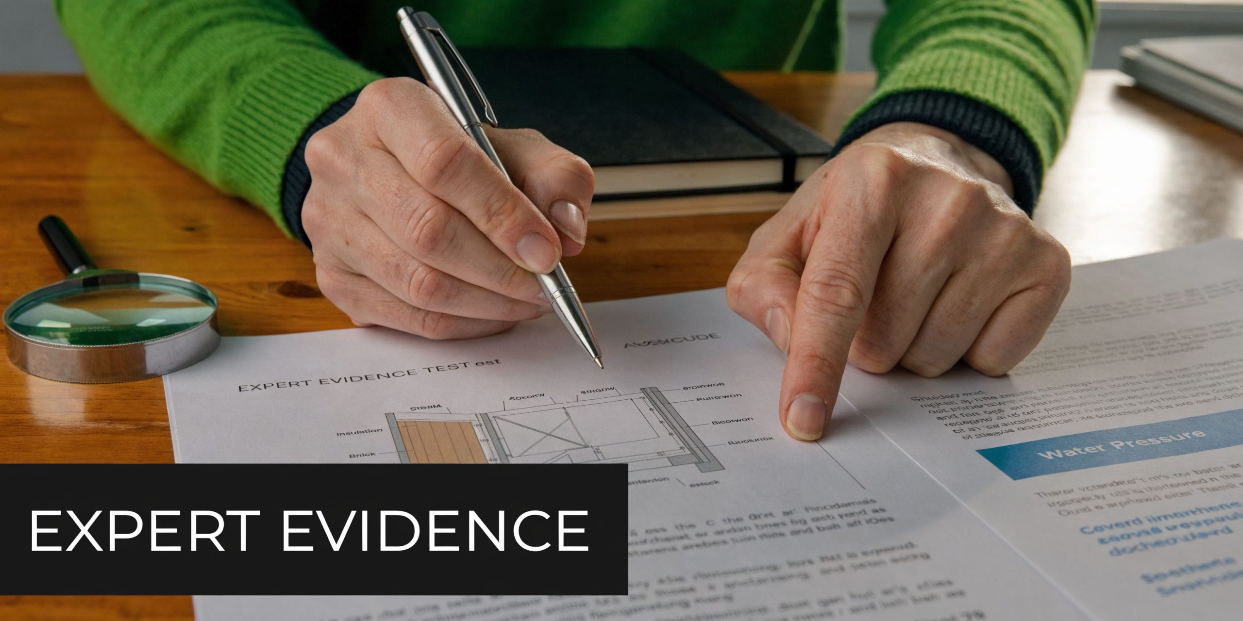 A person reviewing a building construction diagram with a pen and magnifying glass for expert evidence analysis.