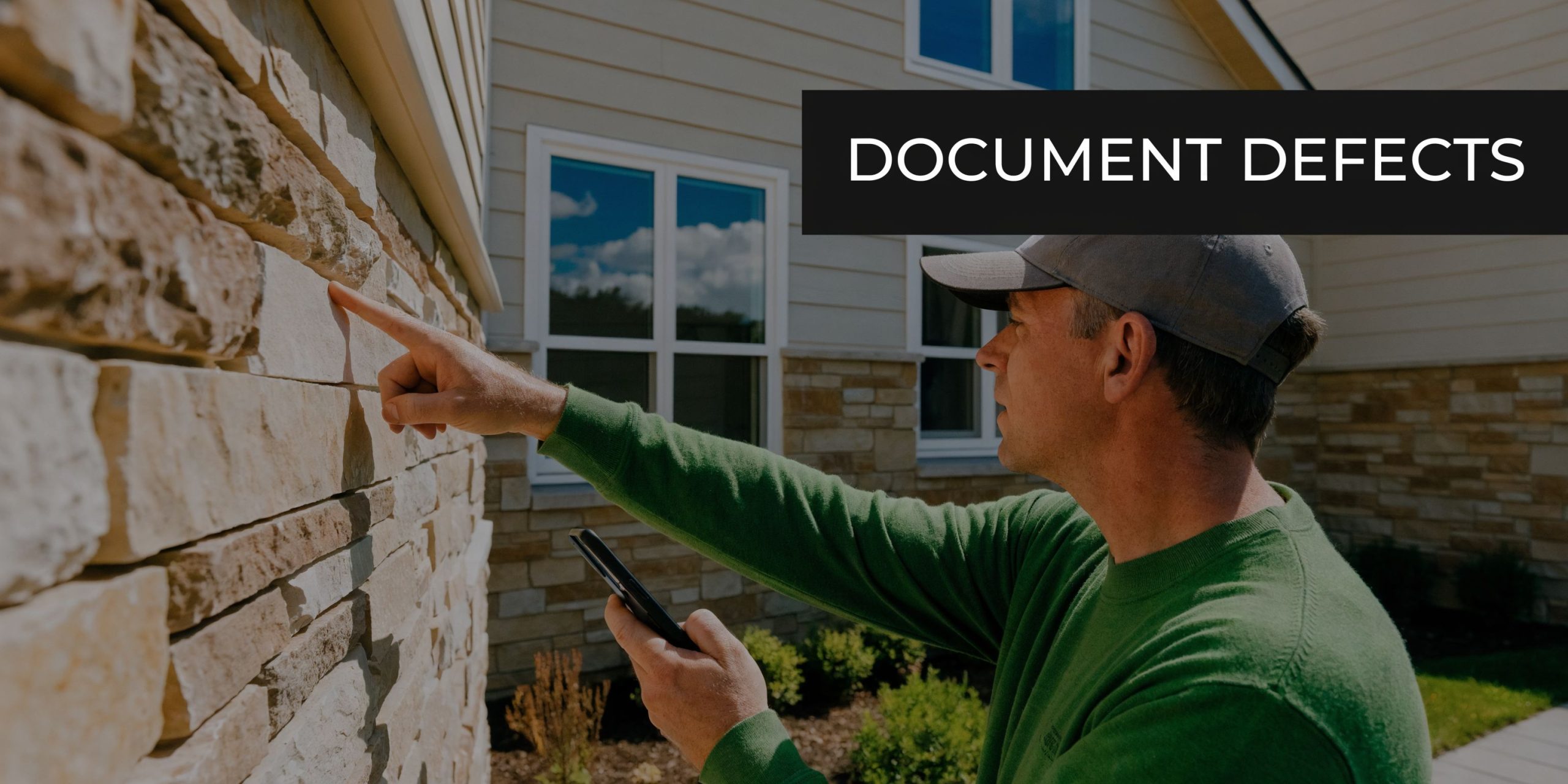 A professional building inspector examining defects on a residential stone facade while recording notes on a smartphone.
