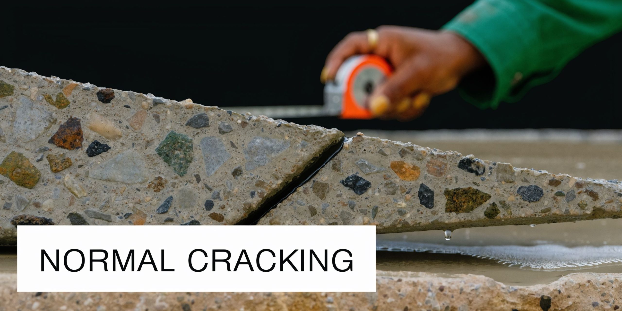 A construction professional uses a measuring tape to assess a crack in a slab of industrial concrete.