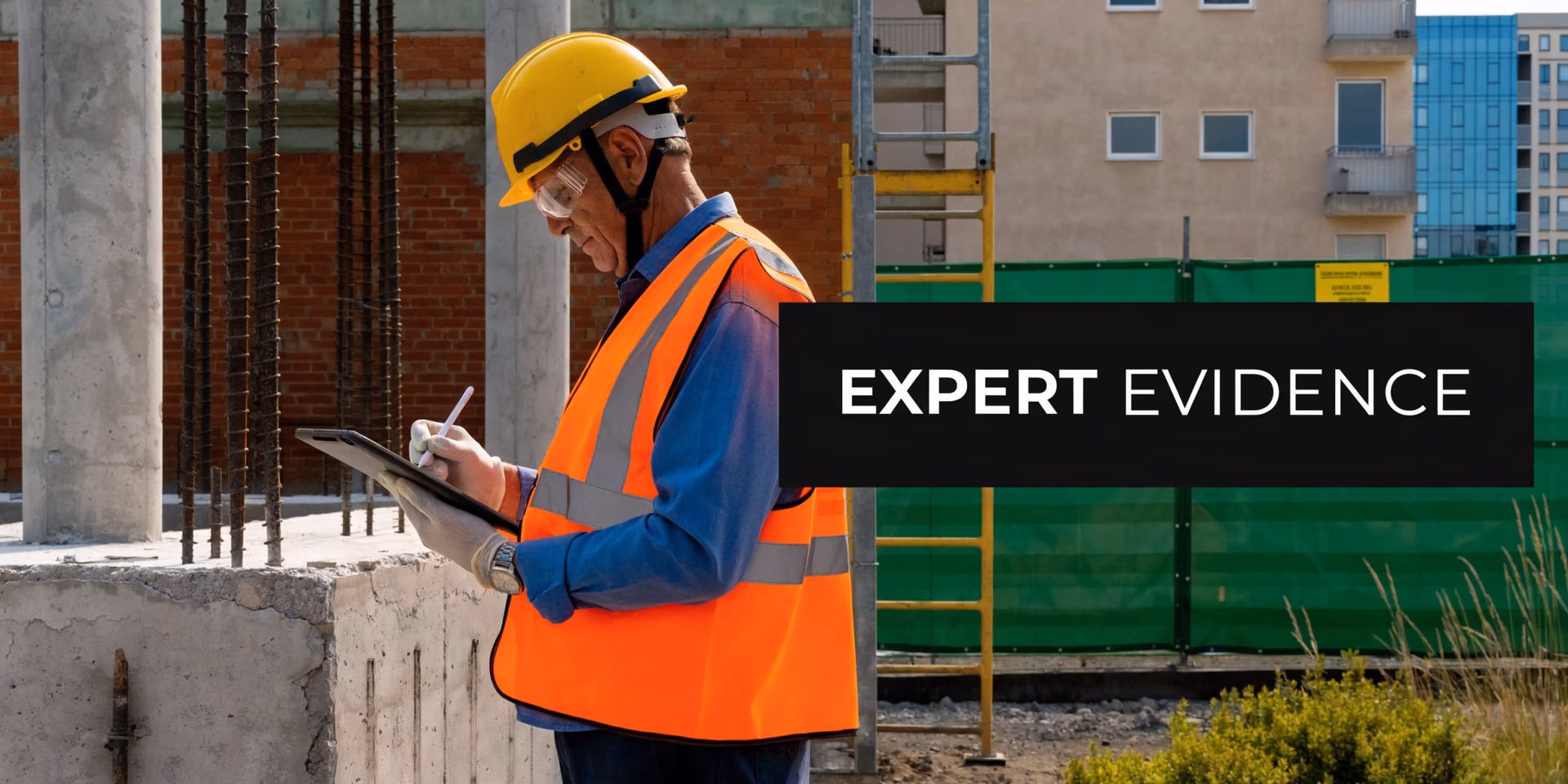A professional construction engineer in a hard hat and safety vest examining a site with a tablet.