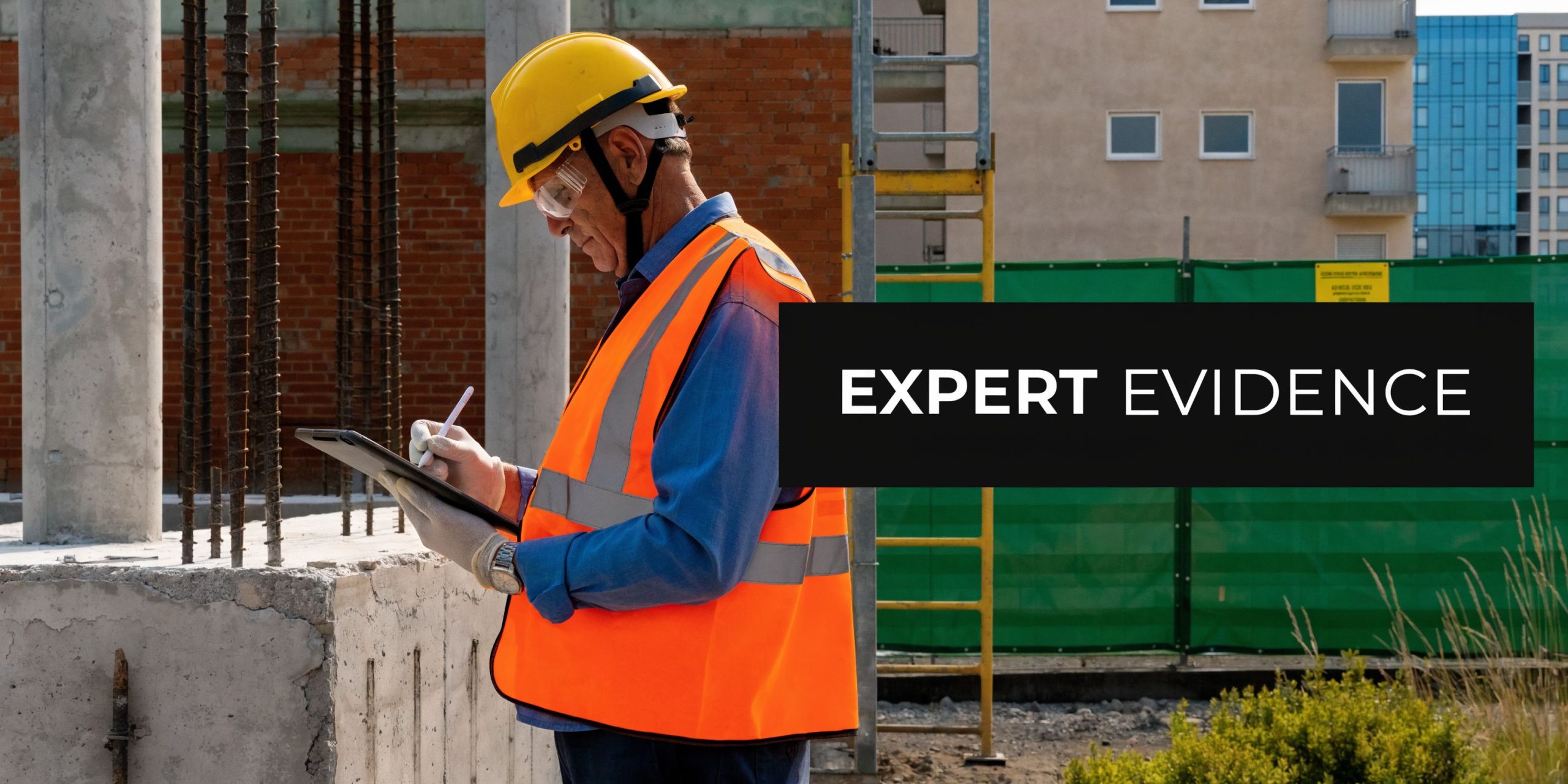 A professional construction engineer in a hard hat and safety vest examining a site with a tablet.