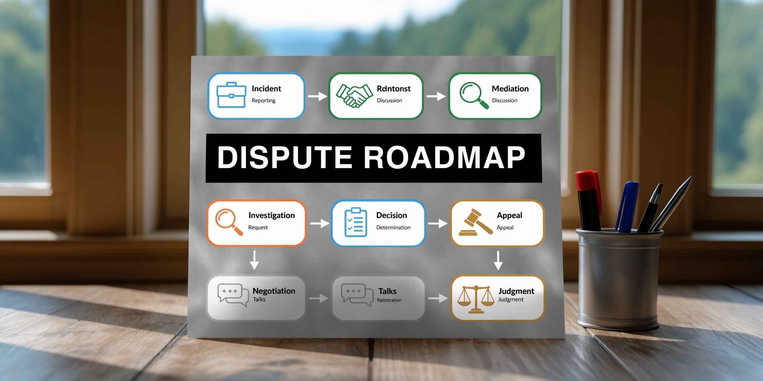 A printed flowchart titled Dispute Roadmap showing the procedural steps from incident reporting to legal judgment.