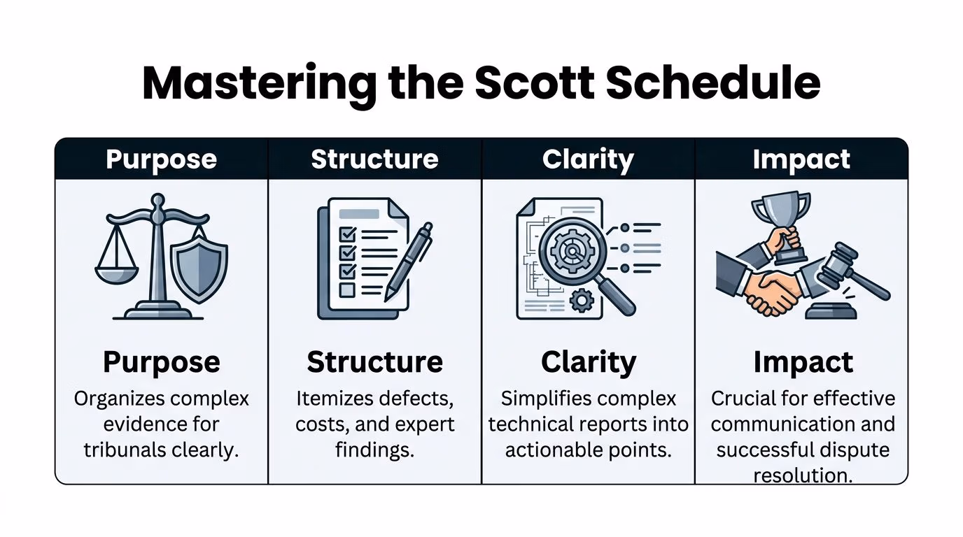 A professional infographic titled Mastering the Scott Schedule detailing its purpose, structure, clarity, and impact in legal disputes.