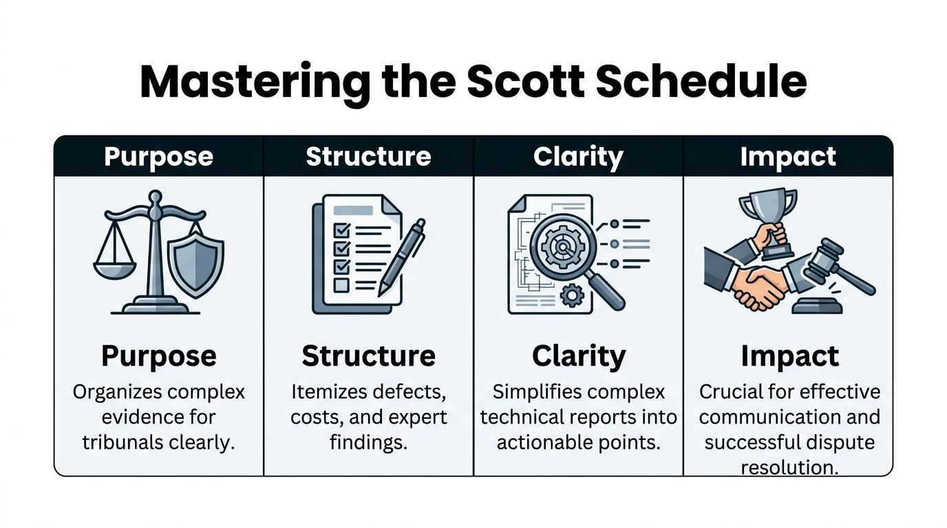 A professional infographic titled Mastering the Scott Schedule detailing its purpose, structure, clarity, and impact in legal disputes.