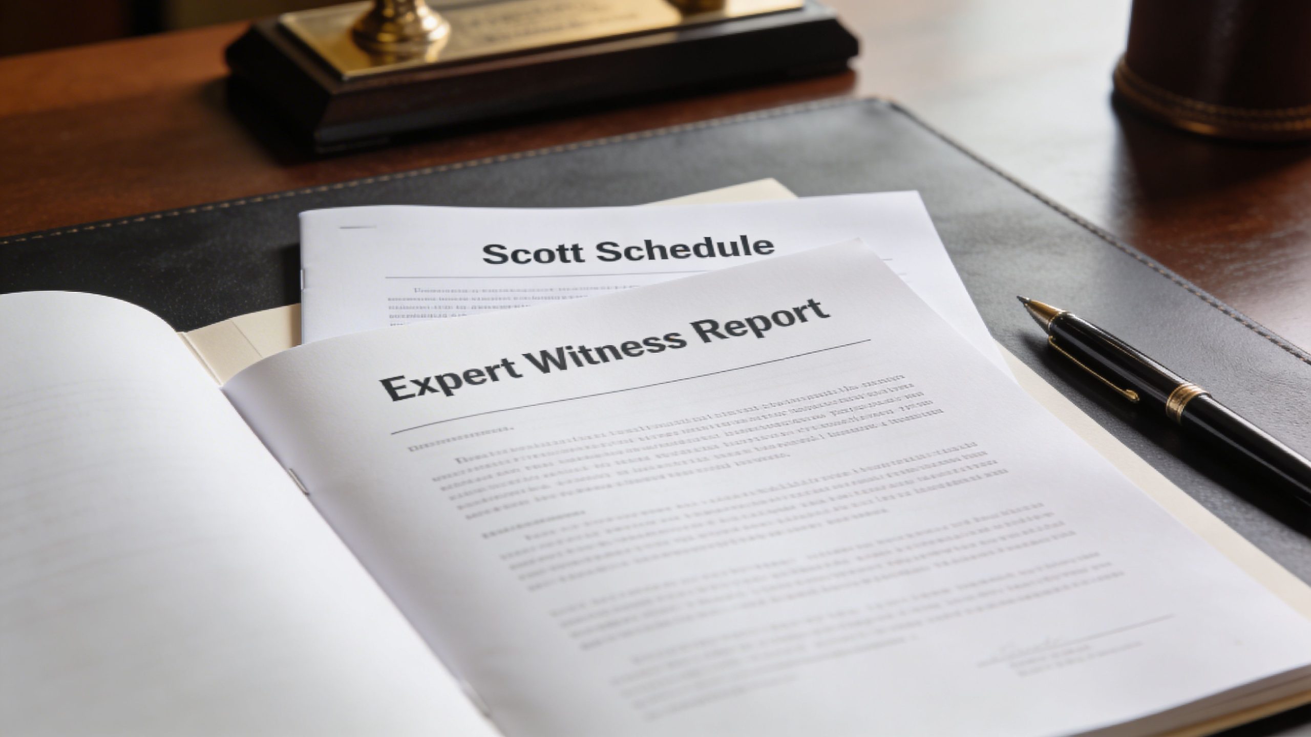 An expert witness report and a Scott schedule document placed on a dark legal office desk.