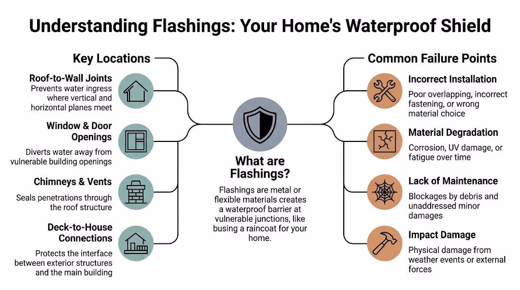 An infographic explaining building flashings, including key installation locations and common failure points for homeowners.