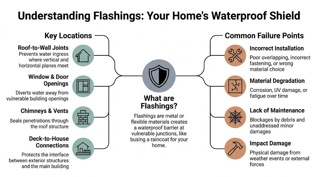An infographic explaining building flashings, including key installation locations and common failure points for homeowners.