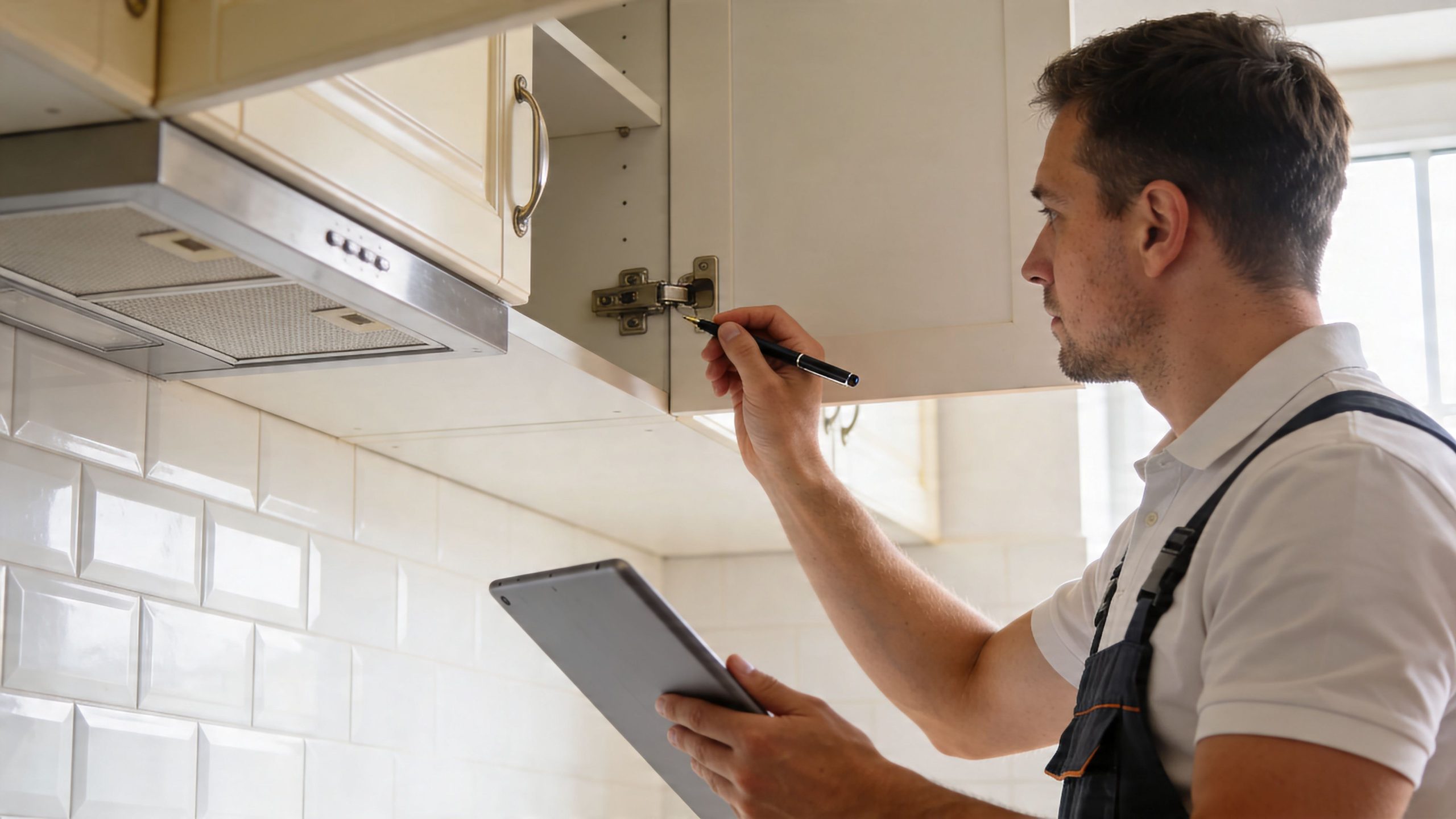 A professional kitchen contractor inspecting cabinet hardware and documenting the condition using a digital tablet.