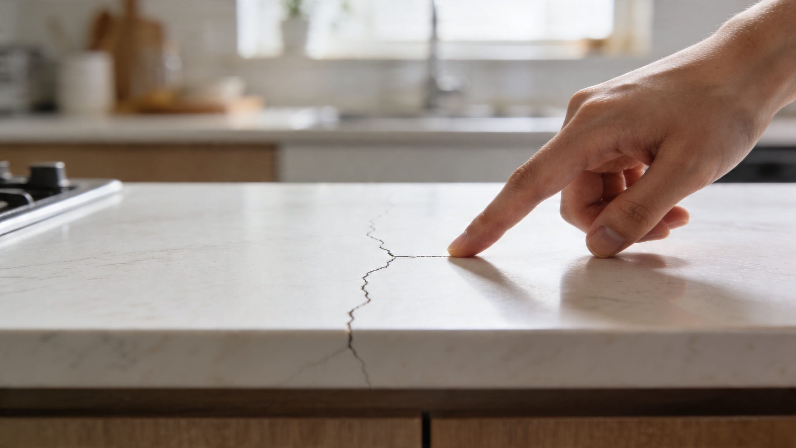 A person pointing at a visible crack on a white marble-style kitchen countertop surface during inspection.