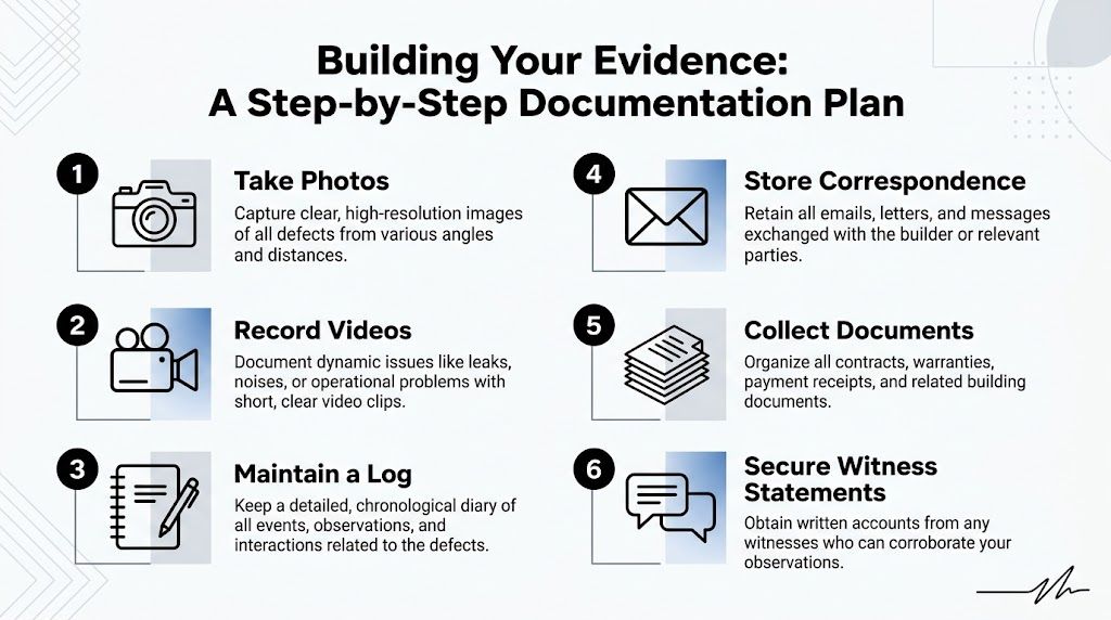 A step-by-step checklist infographic for building a documentation plan to report property and construction defects.