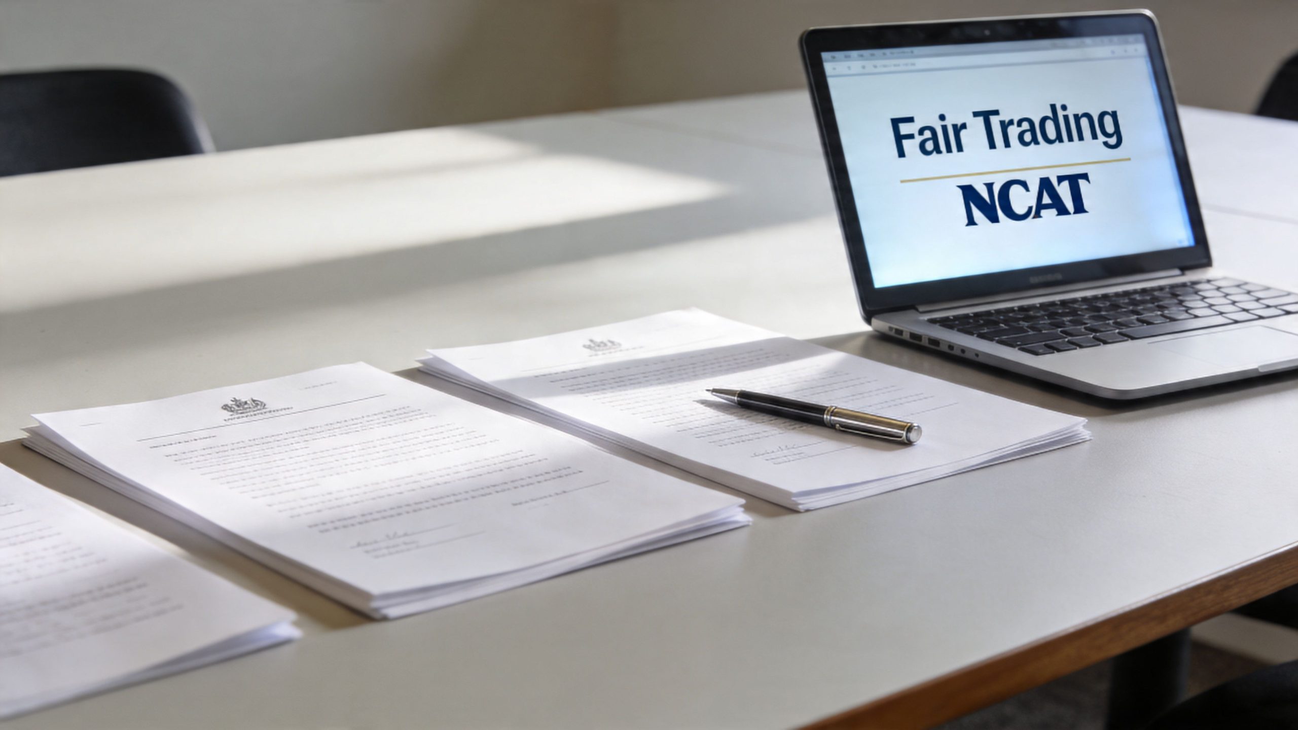 A laptop showing an NCAT Fair Trading webpage sitting on a table with legal documents and a pen.