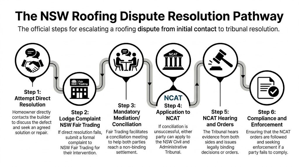 An infographic showing the six-step NSW roofing dispute resolution pathway from direct contact to tribunal enforcement.