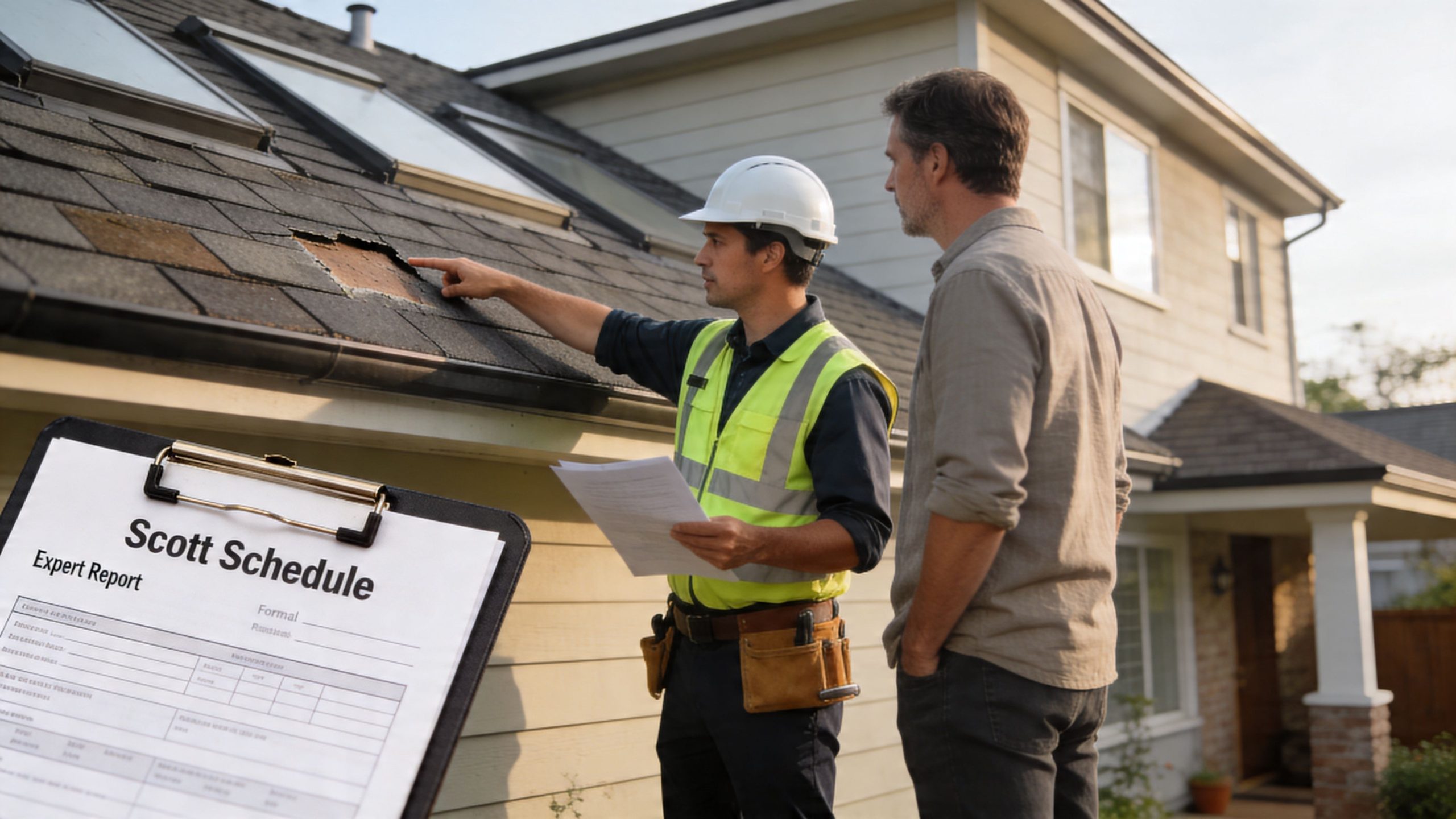 A professional roofing inspector points out damage to a homeowner while holding a repair assessment report.