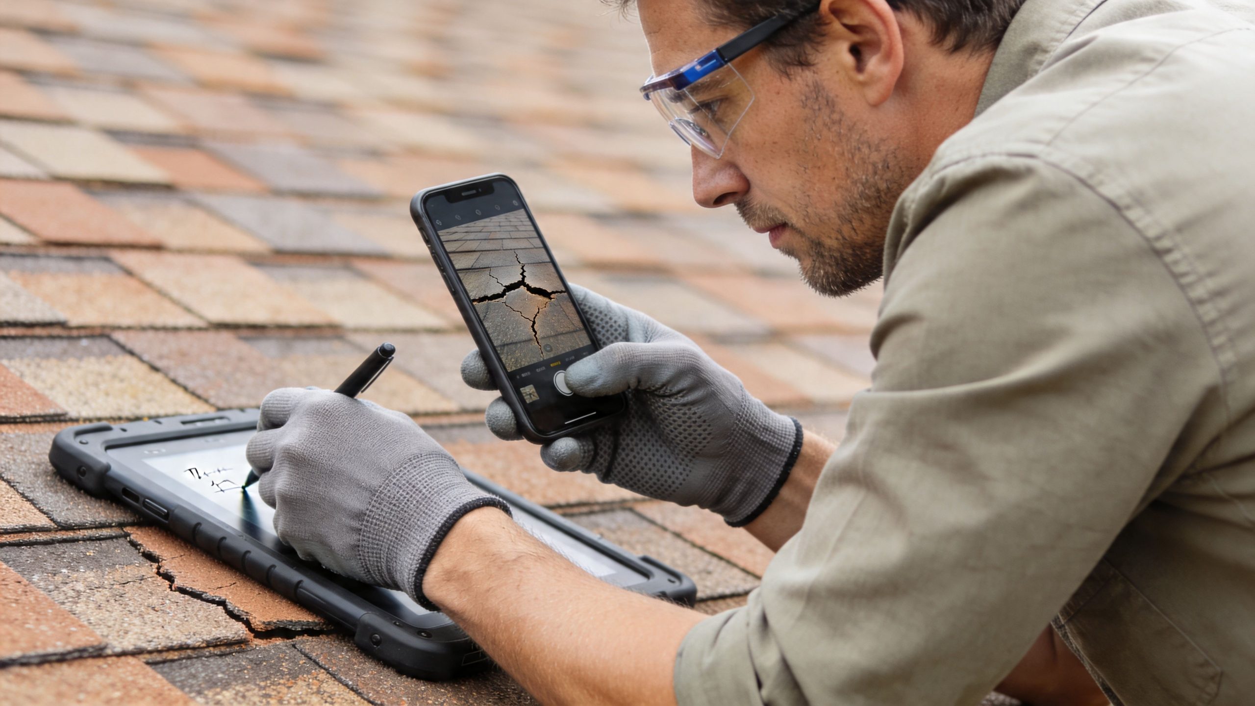 A professional building inspector wearing protective gear examines and documents roof damage using a smartphone and tablet.