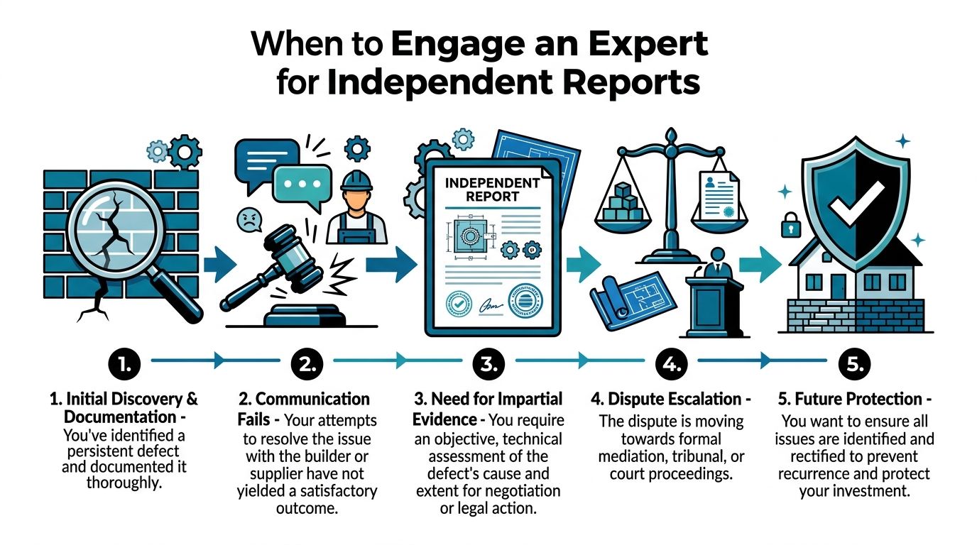 A five-step infographic showing when to engage an expert for independent reports during building disputes.