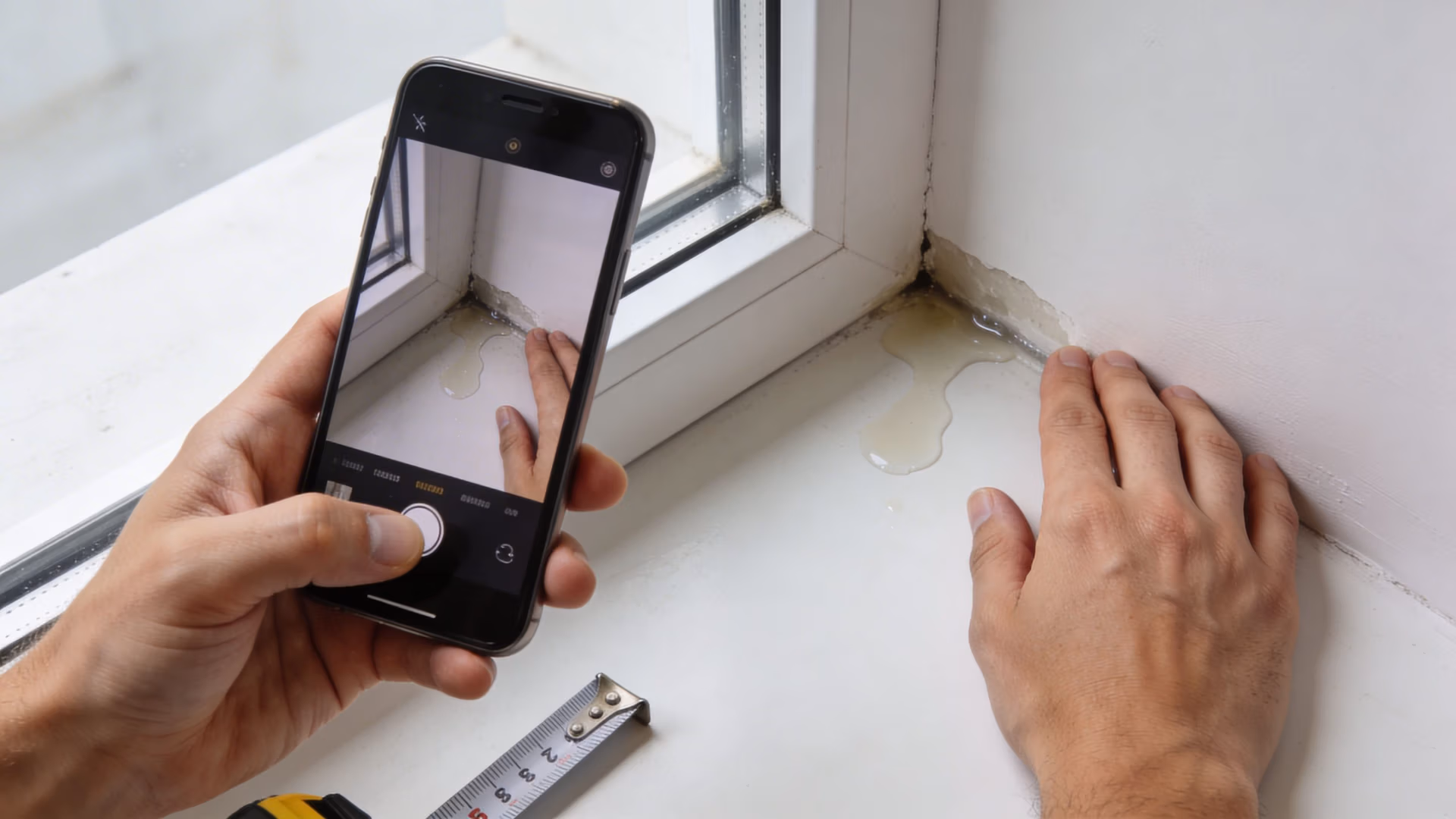 A person documenting window condensation damage with a smartphone while holding a measuring tape for inspection.