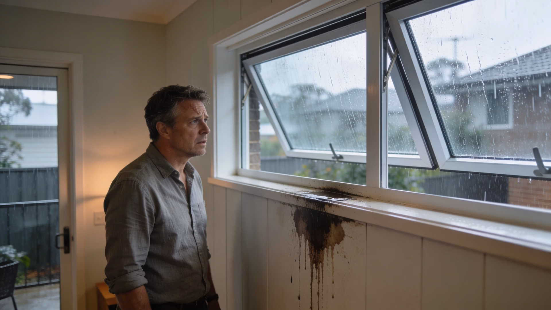 A worried man stands beside a window showing signs of water damage and leaks during rain.