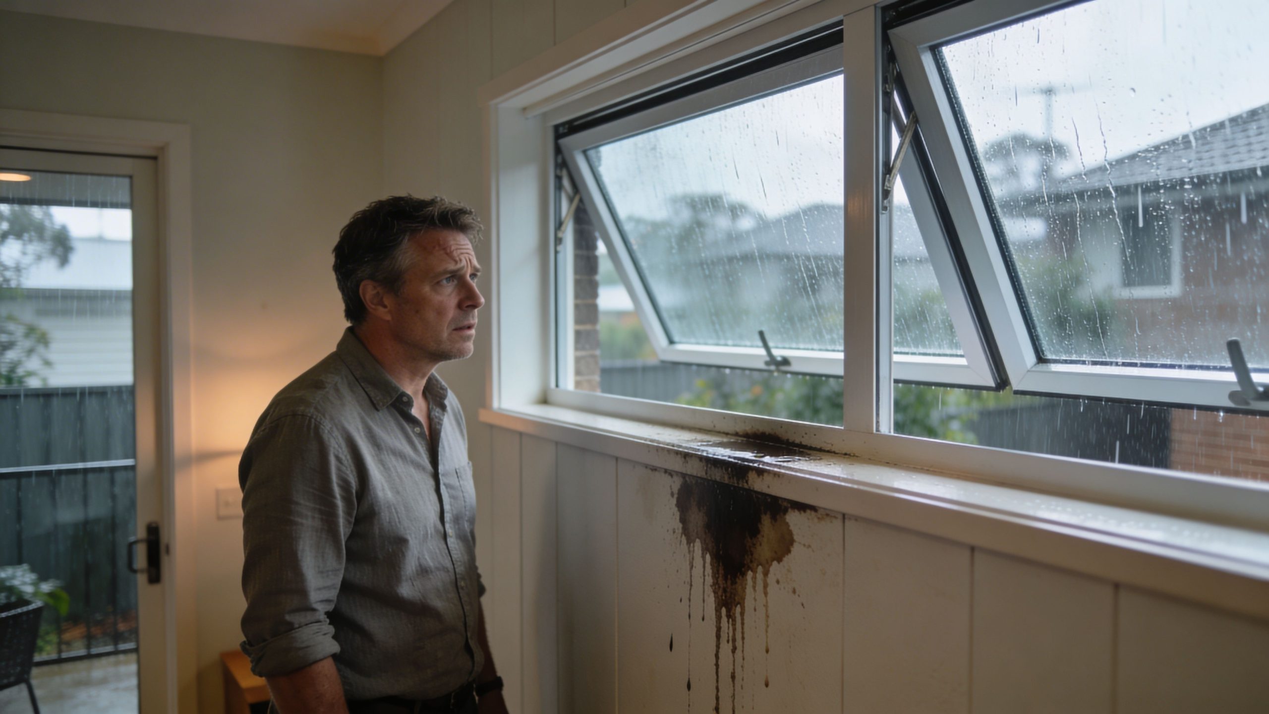 A worried man stands beside a window showing signs of water damage and leaks during rain.