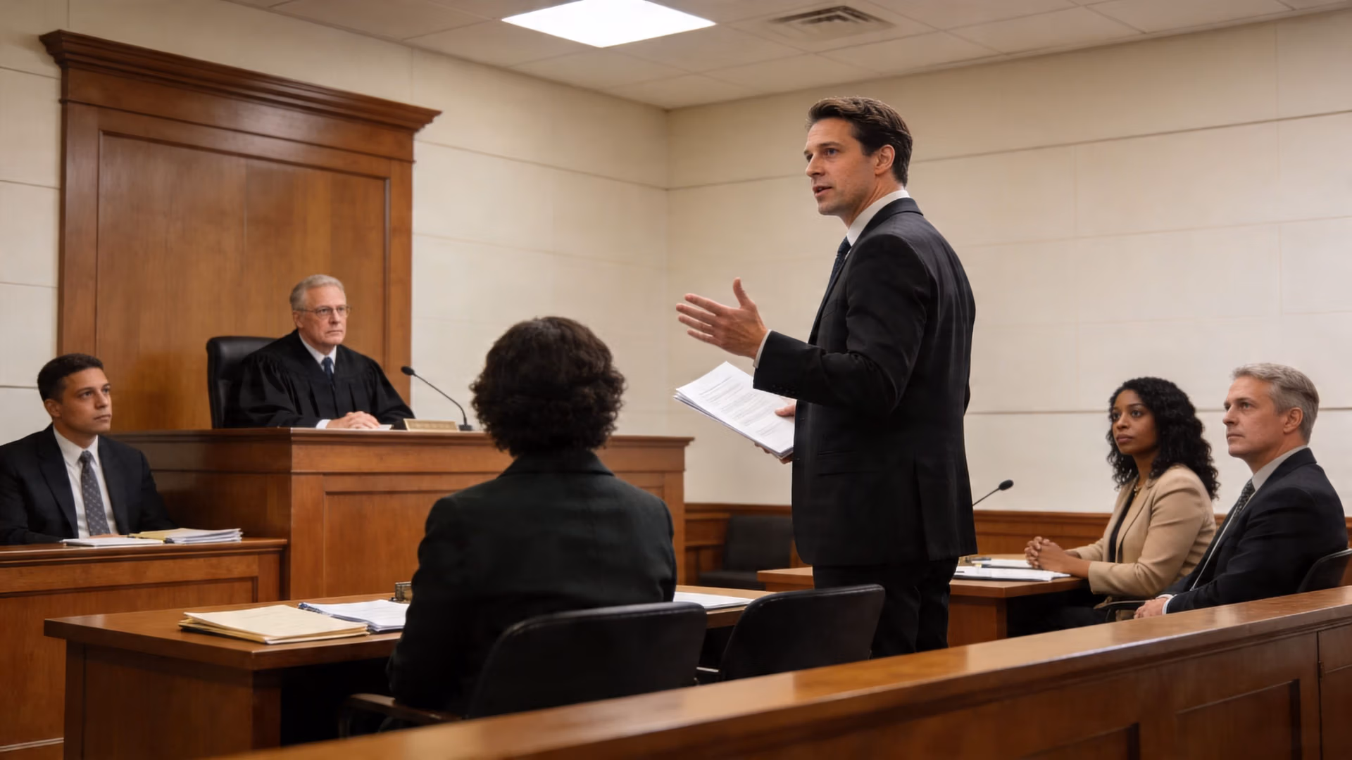A professional courtroom scene with a male lawyer addressing the judge and legal team during a trial.