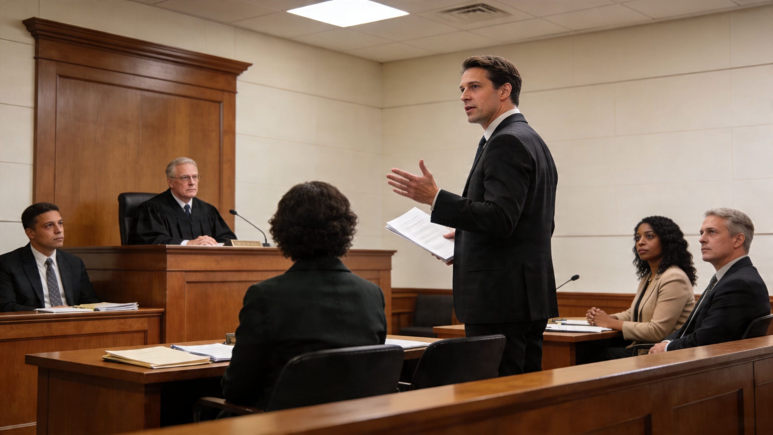 A professional courtroom scene with a male lawyer addressing the judge and legal team during a trial.