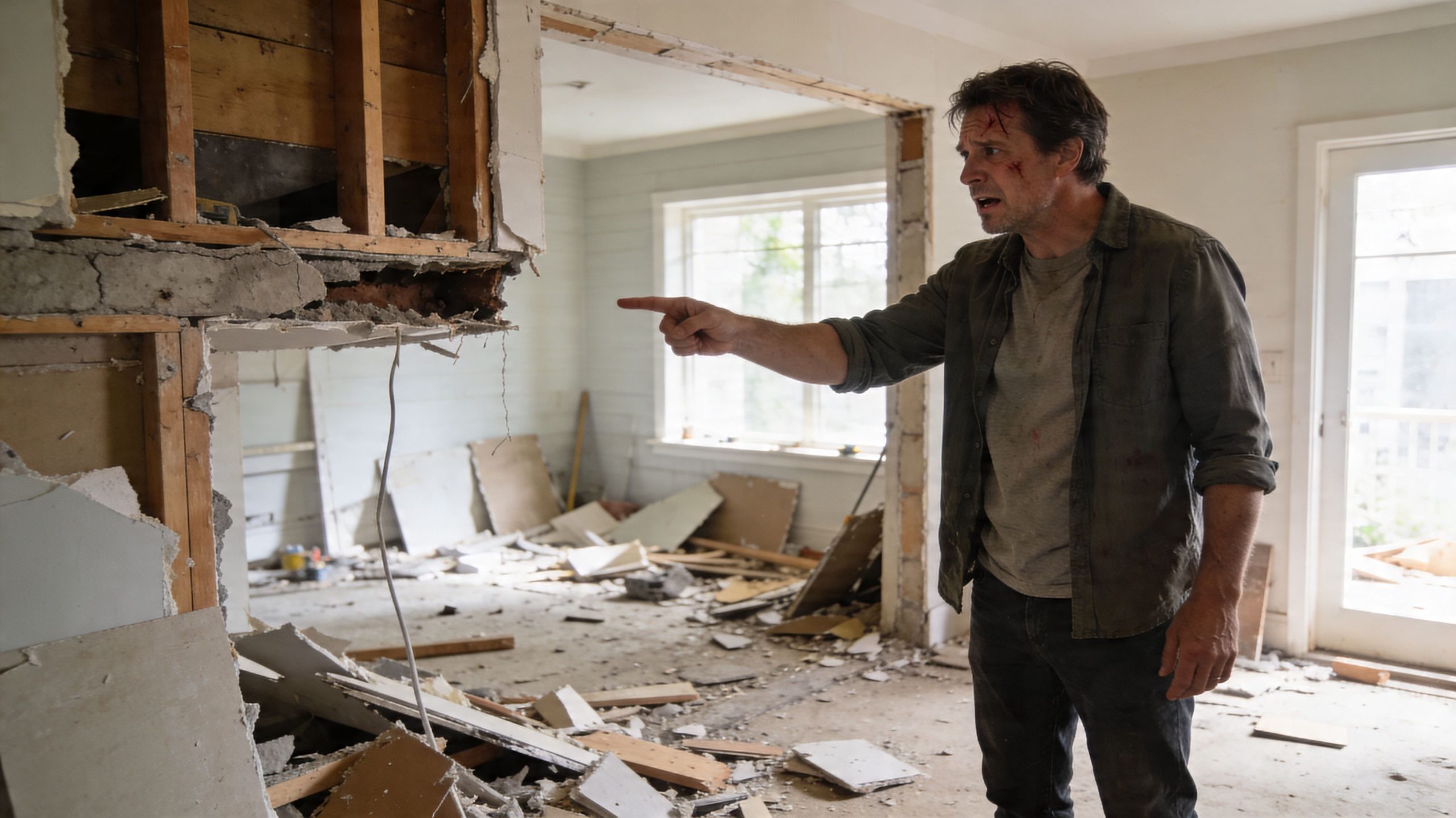 A disheveled man standing in a destroyed room while pointing towards the damaged wall structure.