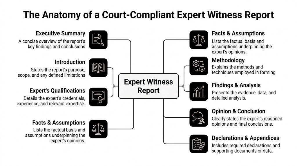 A diagram outlining the essential components of a court-compliant expert witness report for legal proceedings.