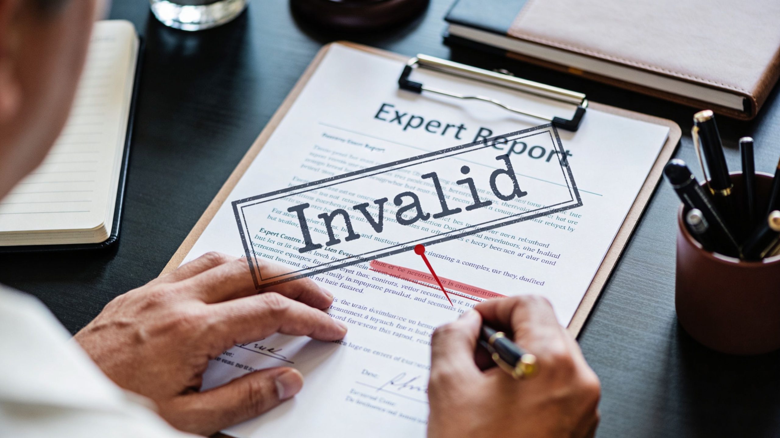 A professional holding a pen reviewing a document with an invalid stamp over the expert report text.