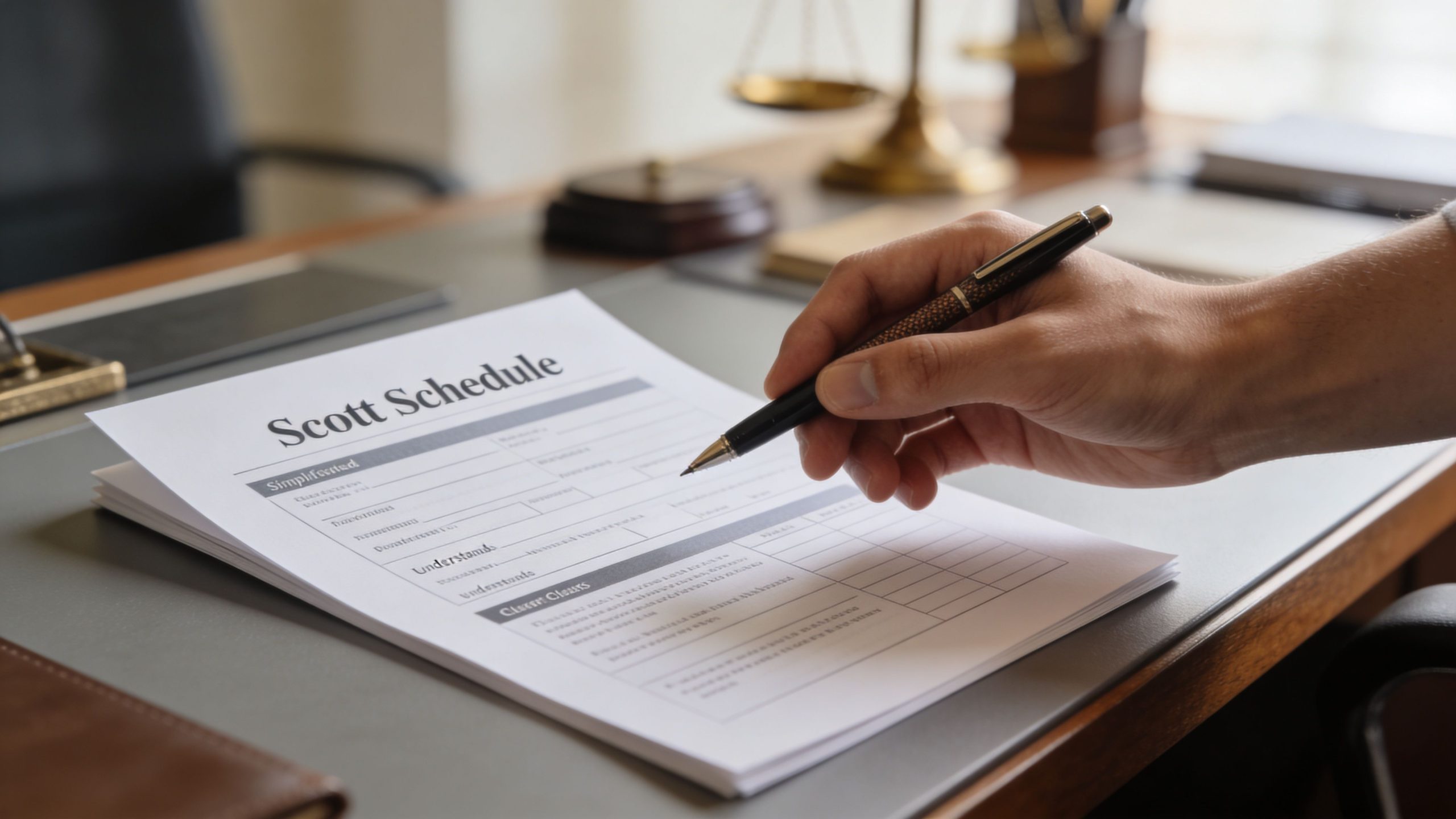 A close-up of a legal professional filling out a Scott Schedule document with a pen in an office.